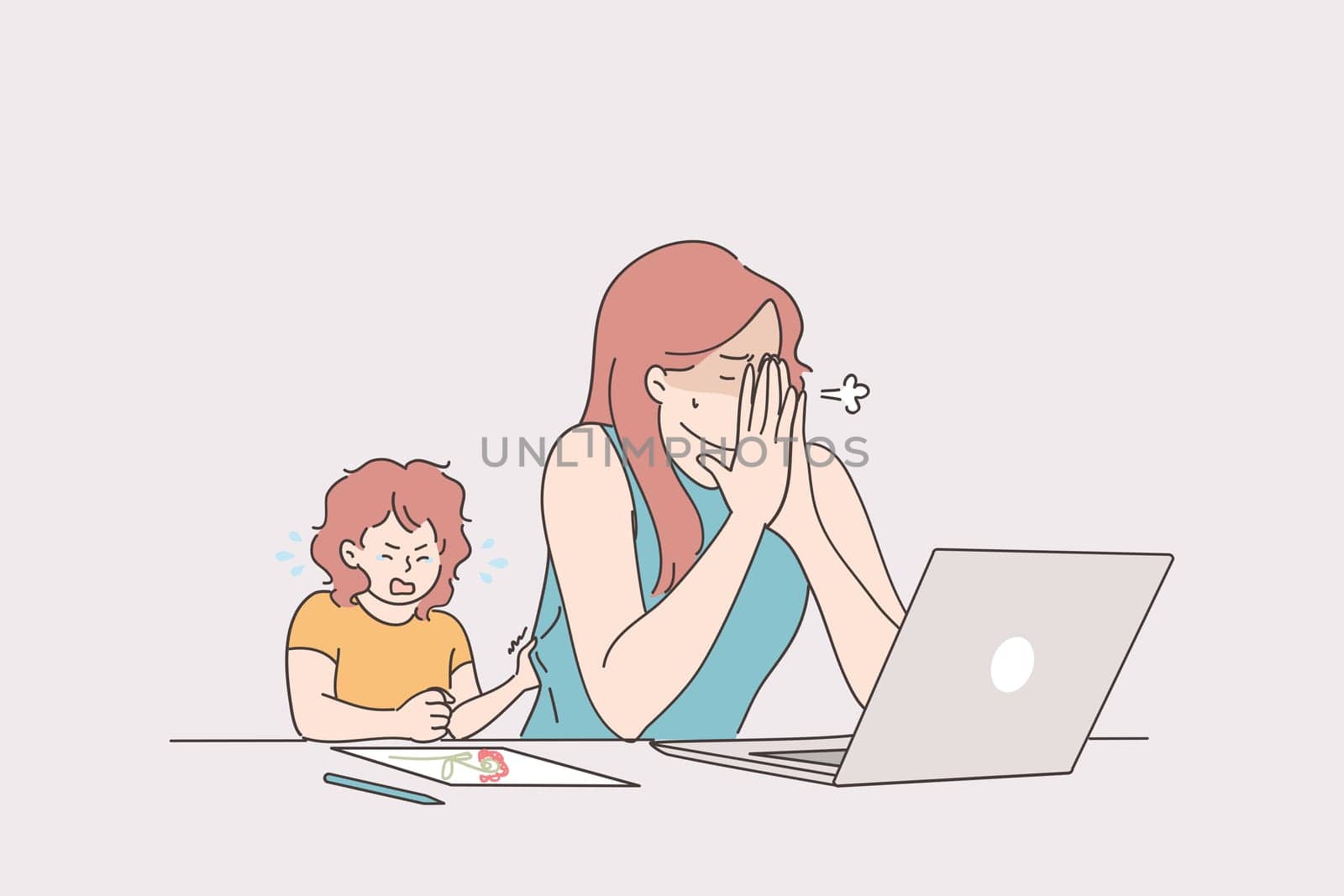 Distant working with child, freelance and stay at home concept. Tired stressed young woman mother trying to work from home at laptop with crying baby toddler vector illustration