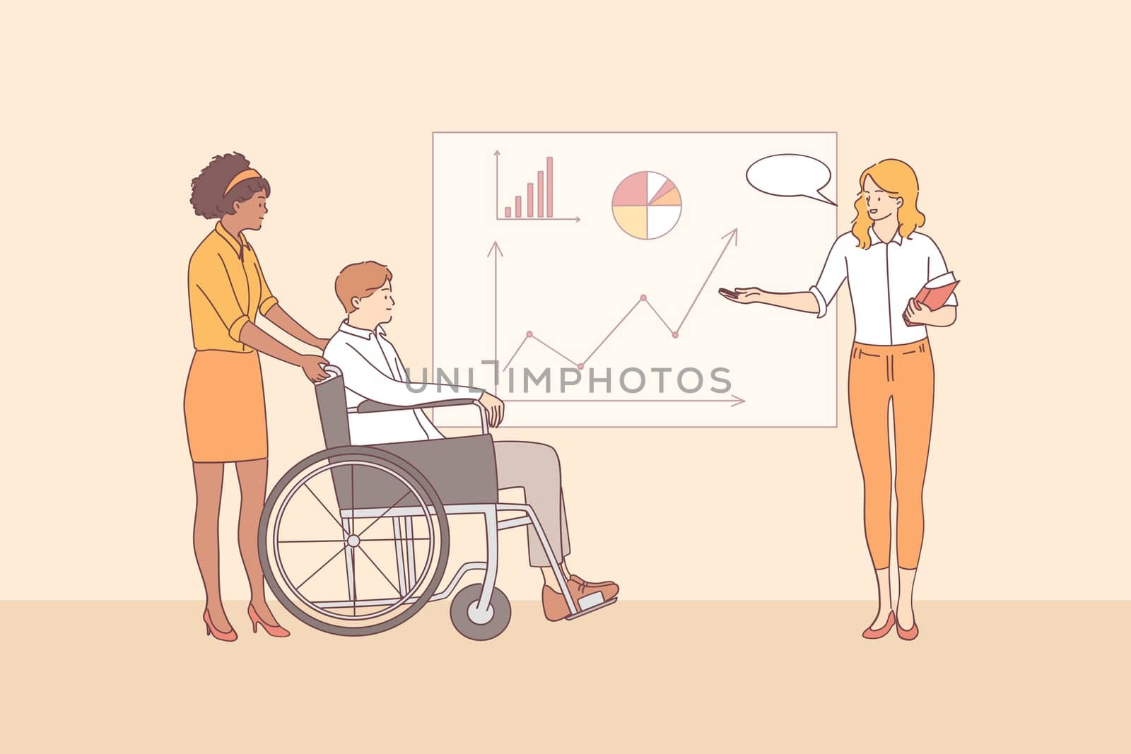 Disabled people working in office, meeting, negotiations concept. Businessman on wheelchair and young business woman office workers having meeting and discussing corporate project together I