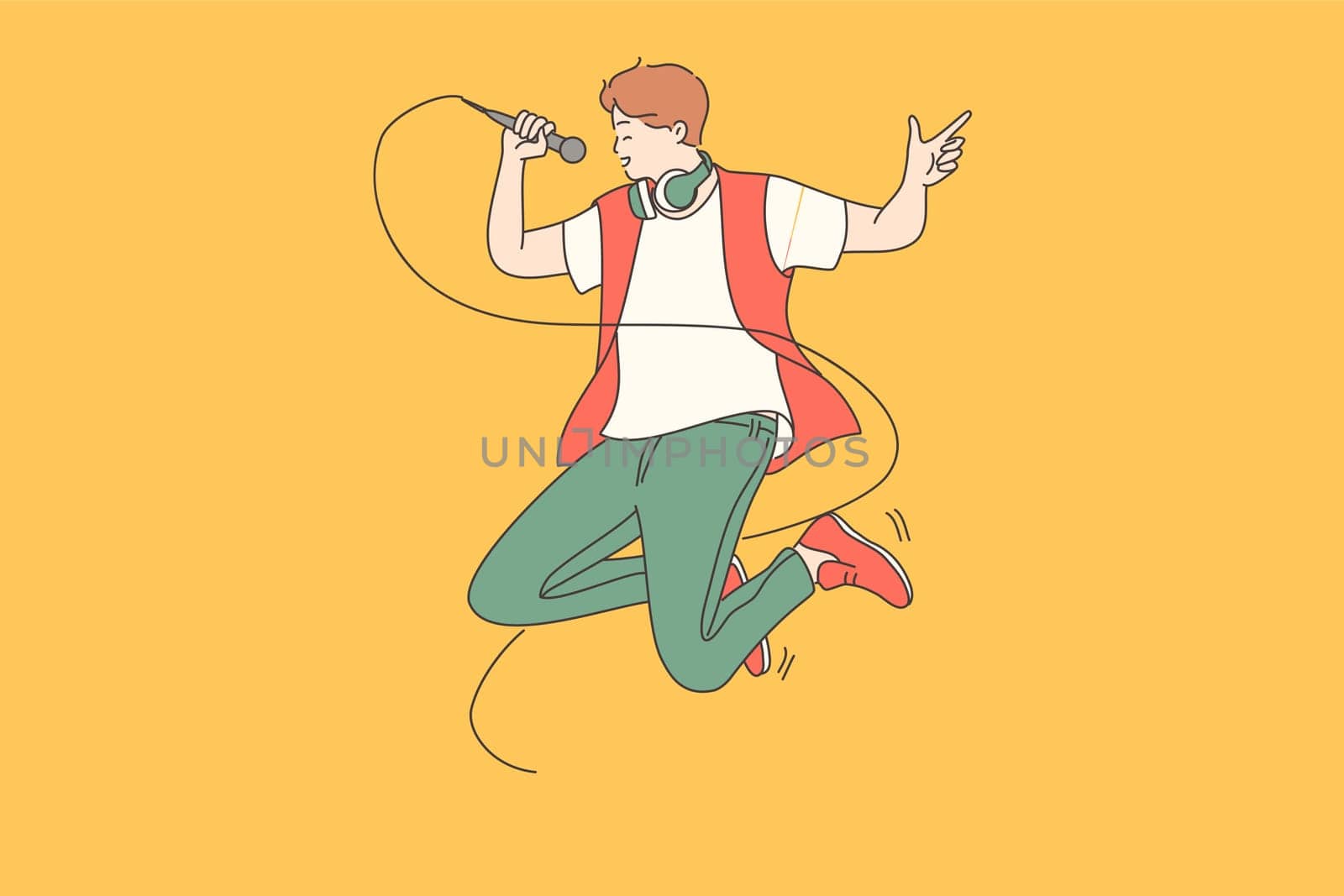 Singer, hipster, positive lifestyle concept. Crazy hipster guy music lover or singer jumping high with microphone in hand over yellow background vector illustration