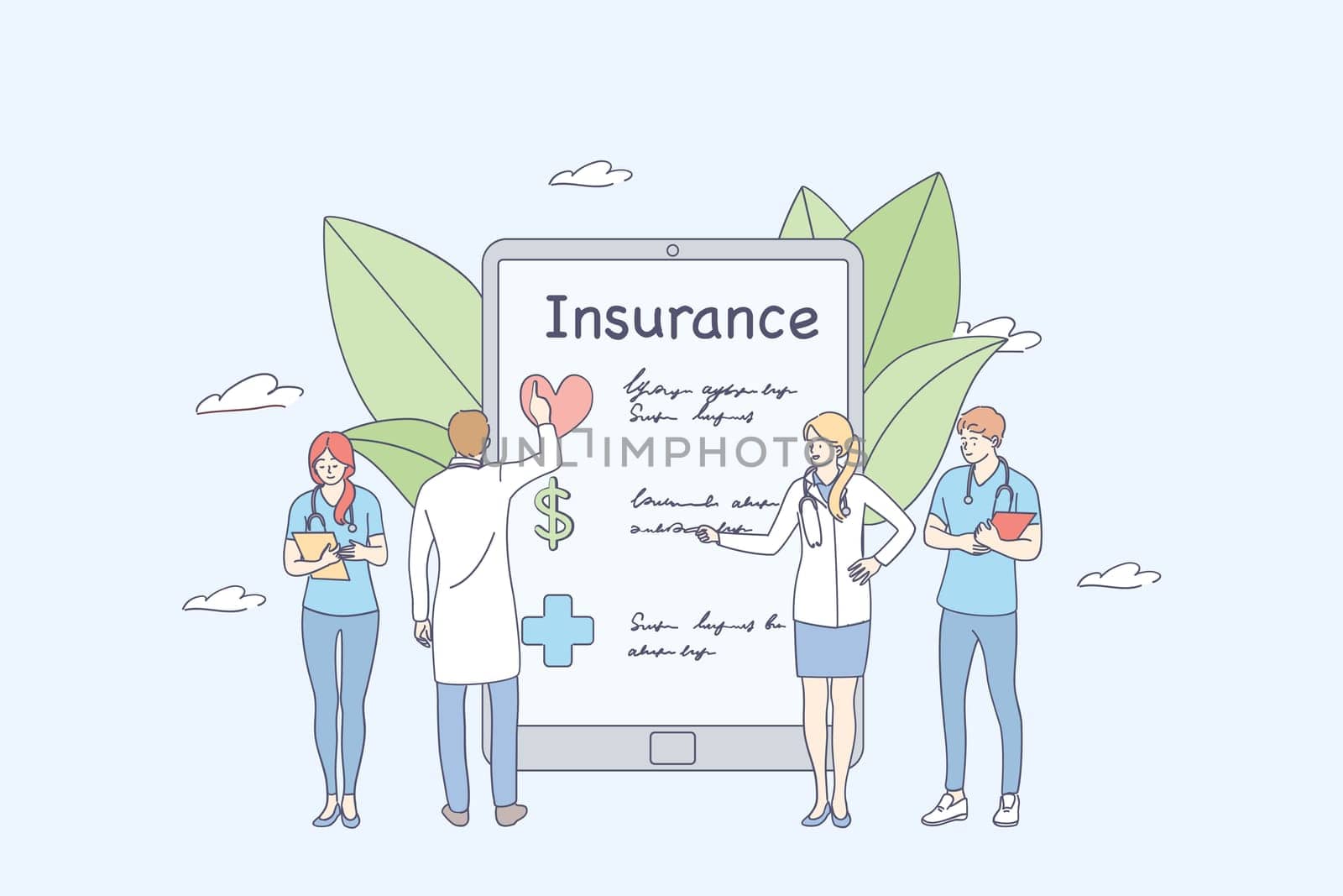 Health insurance online concept. Doctors medical worker cartoon characters standing near health Insurance contact on smartphone screen filling medical document form concept