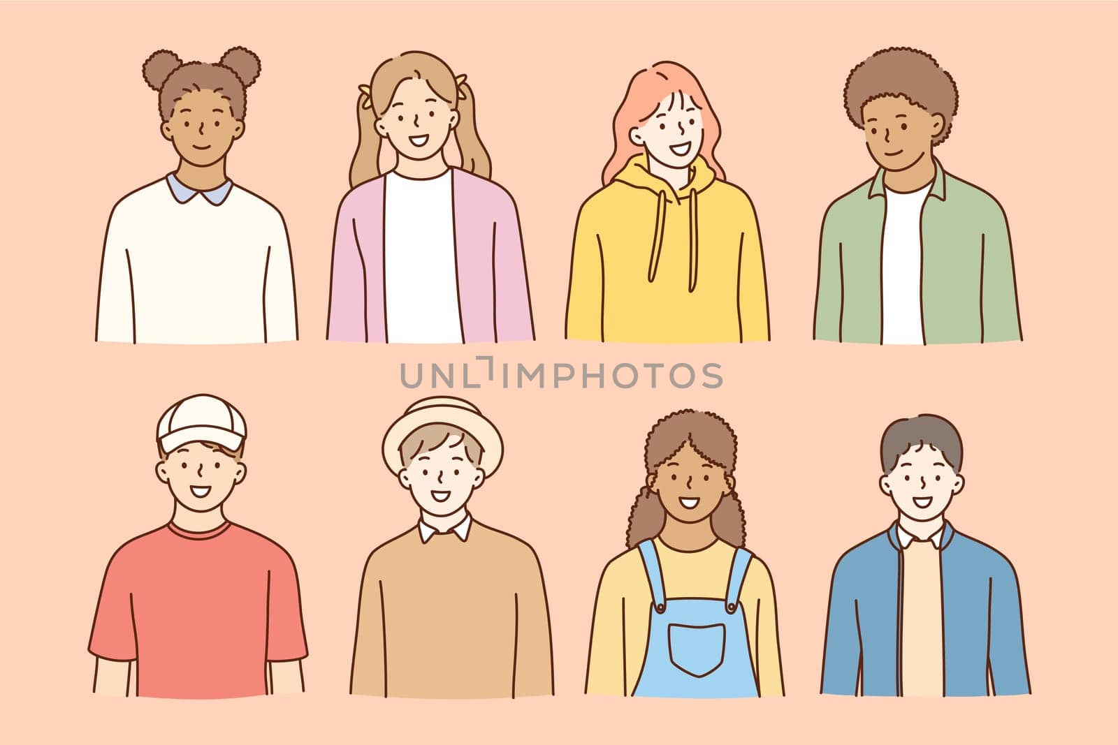Multiethnic friendship, students international day concept. Group of smiling cheerful pupils or students of different race feeling happy isolated on pink background vector illustration