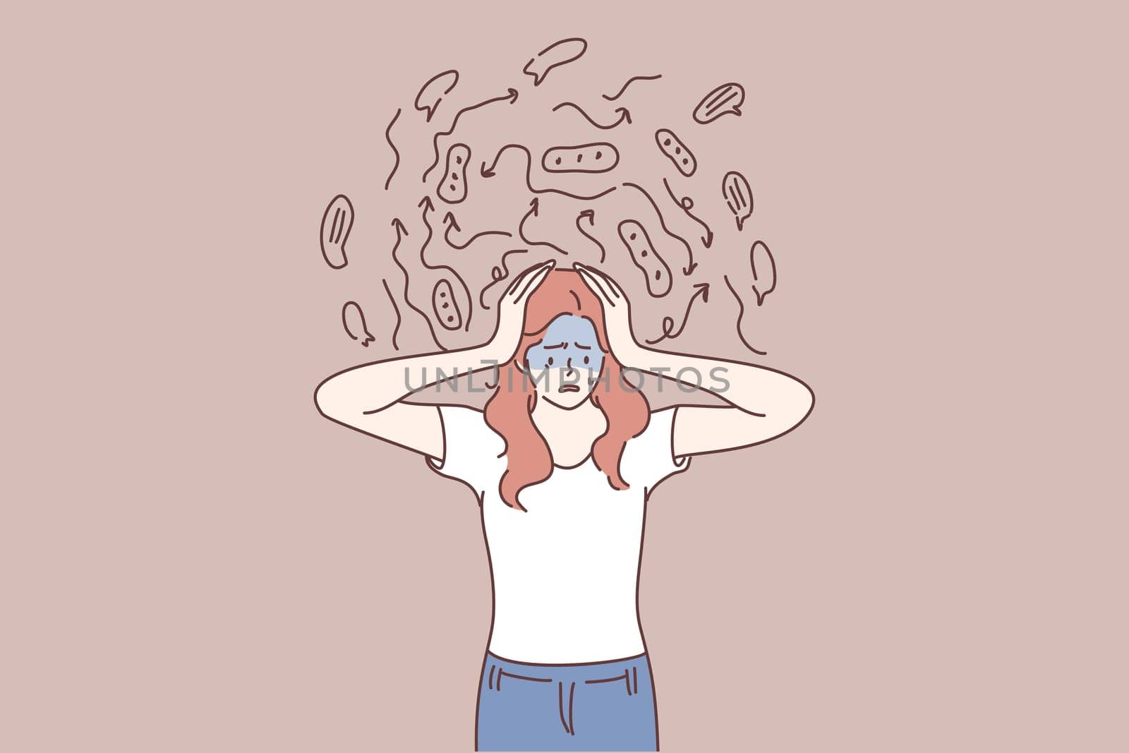 Mental chaos, frustration, anxiety concept. Frustrated woman cartoon character touching head and feeling anxiety, stress and disorder in thoughts and having brain problems illustration