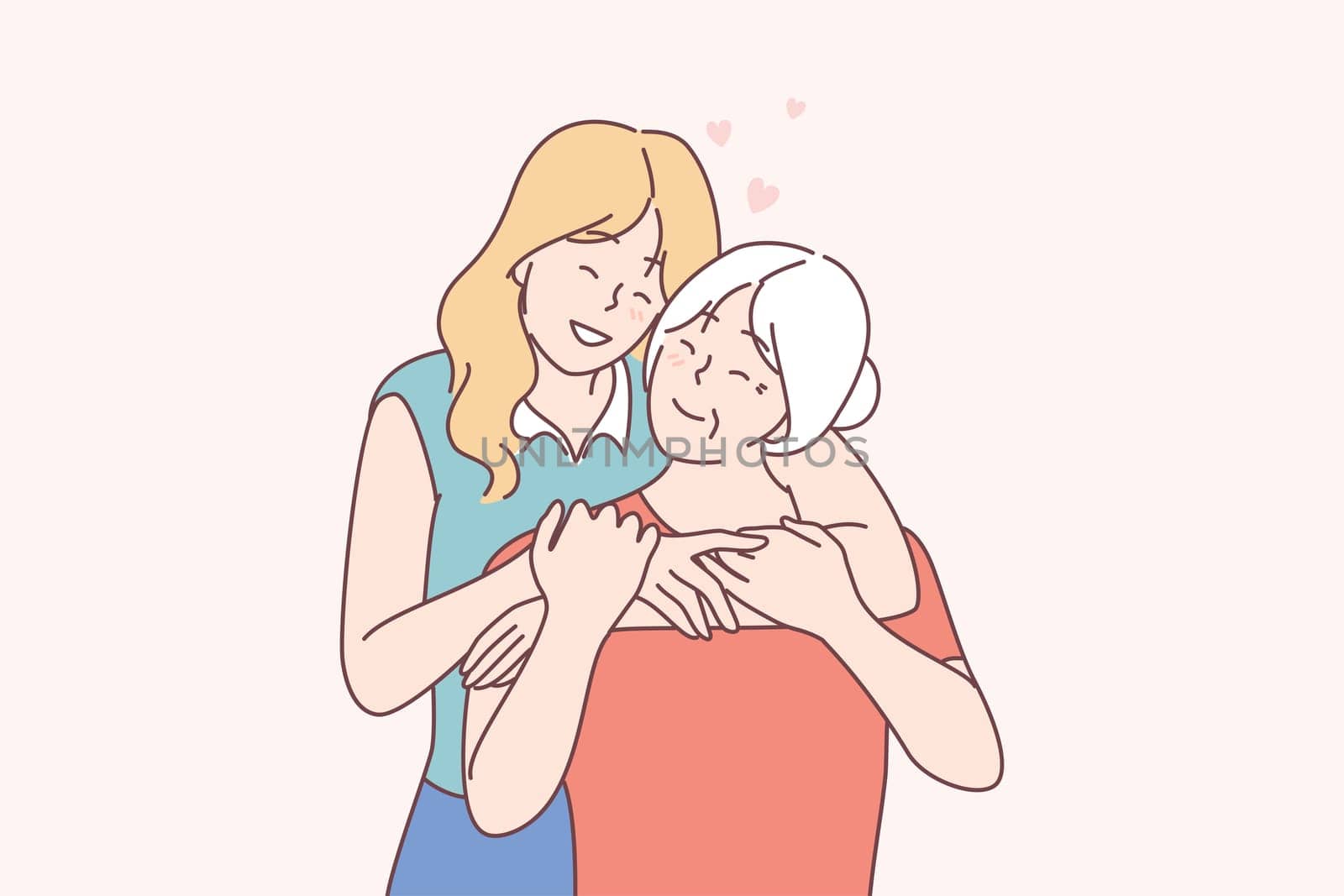 Love, relationship and happy parenthood lifestyle concept. Happy young girl granddaughter cartoon character standing and embracing smiling mother or grandmother. Family people spending time together