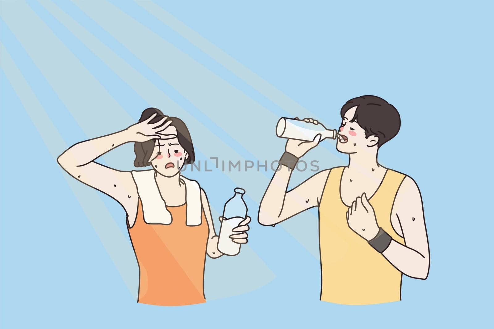 Drinking water and hot summer concept. Young sweating man and woman in sportswear standing drinking water in very hot summer days after doing sport workout vector illustration