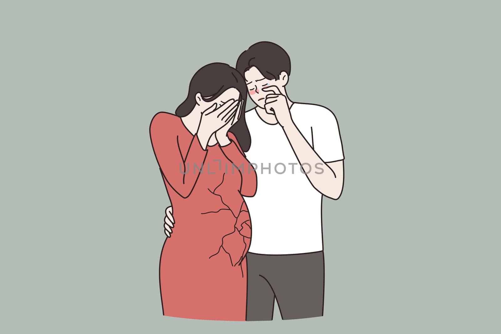 Miscarriage, pregnancy loss, abortion concept. Young sad unhappy couple standing woman crying loosing her child covering face with hands vector illustration