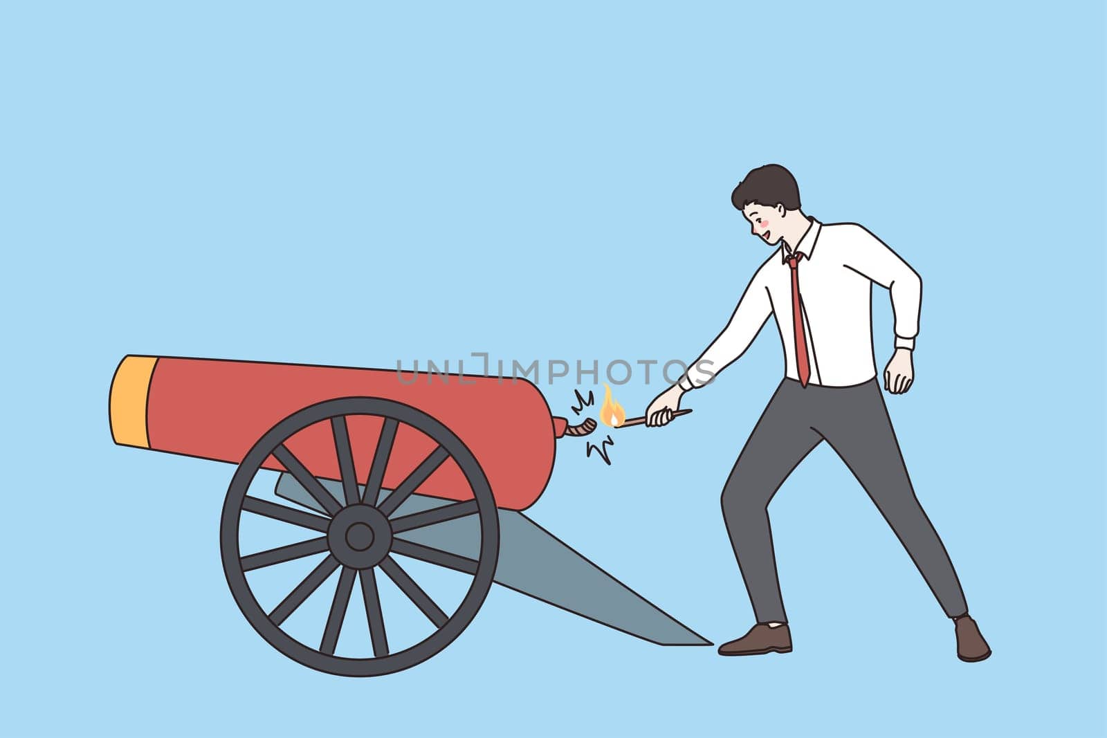 Canon and cannoneer idea concept. Young positive confident businessman standing firing canon having Creative idea for business vector illustration