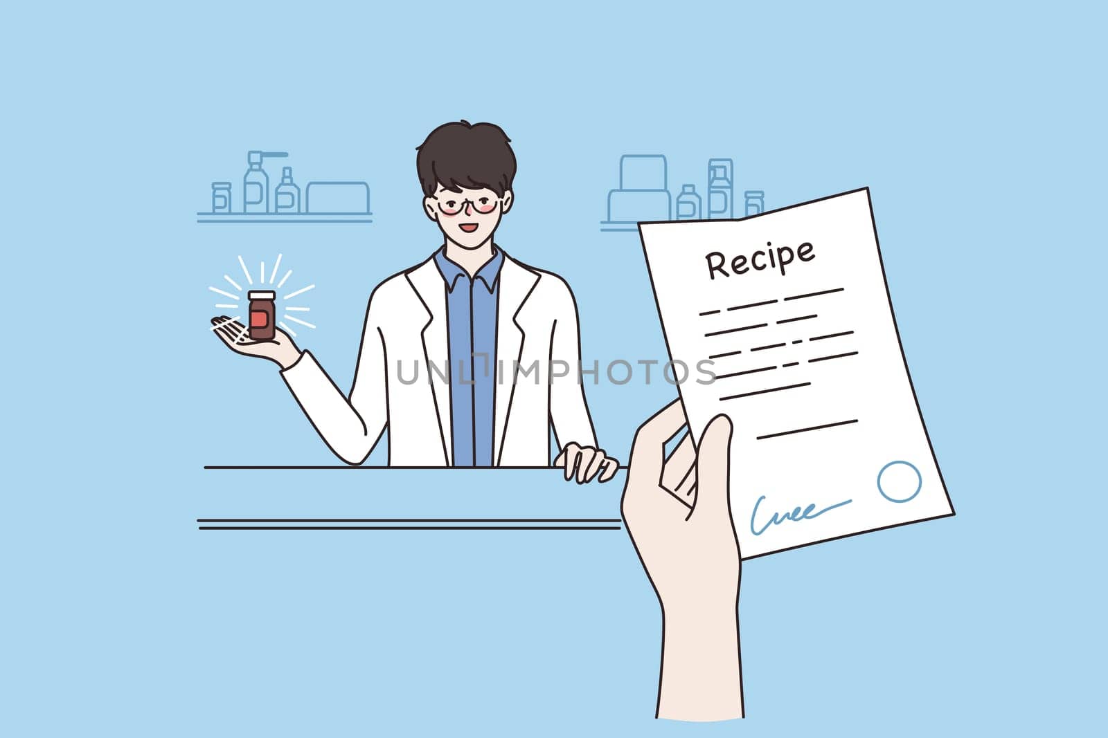 Online pharmacy or drugstore concept. Human Hand holding prescription recipe in pharmacy or drugstore with pharmacist at counter vector illustration