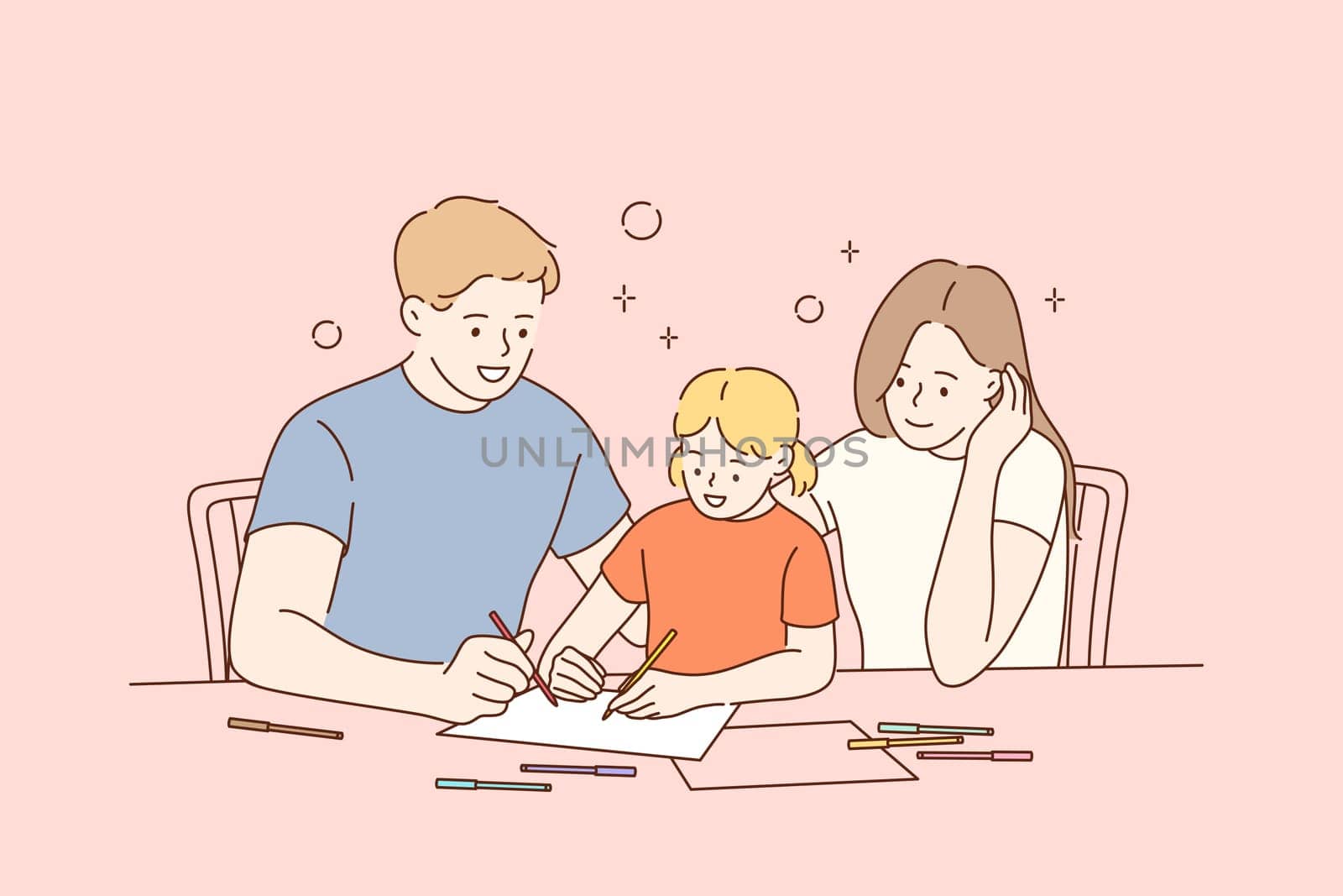 Happy Mother, father and small daughter enjoying painting with pencils at home together. Young family drawing picture on paper. People spending time together with favourite hobby concept
