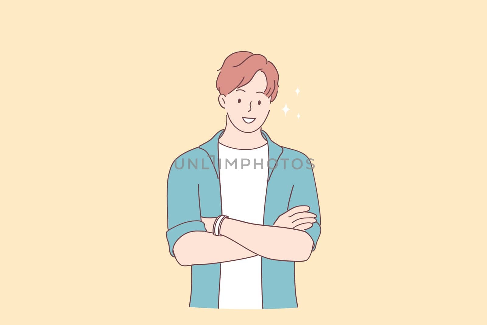 Positive person and emotion concept. Young smiling boy wearing casual clothing standing with crossed arms and looking at the camera vector illustration