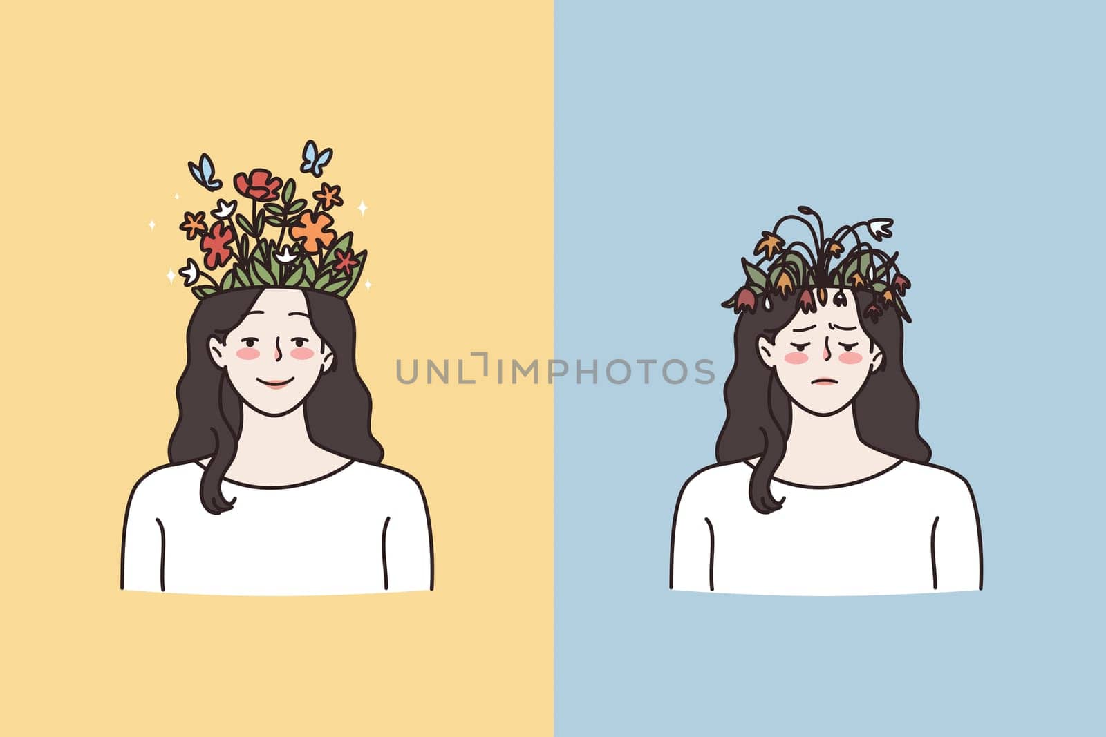 Mental health problems and contrasts concept. Young happy and sad woman having growing blossom and damaged flowers on head meaning mental state vector illustration