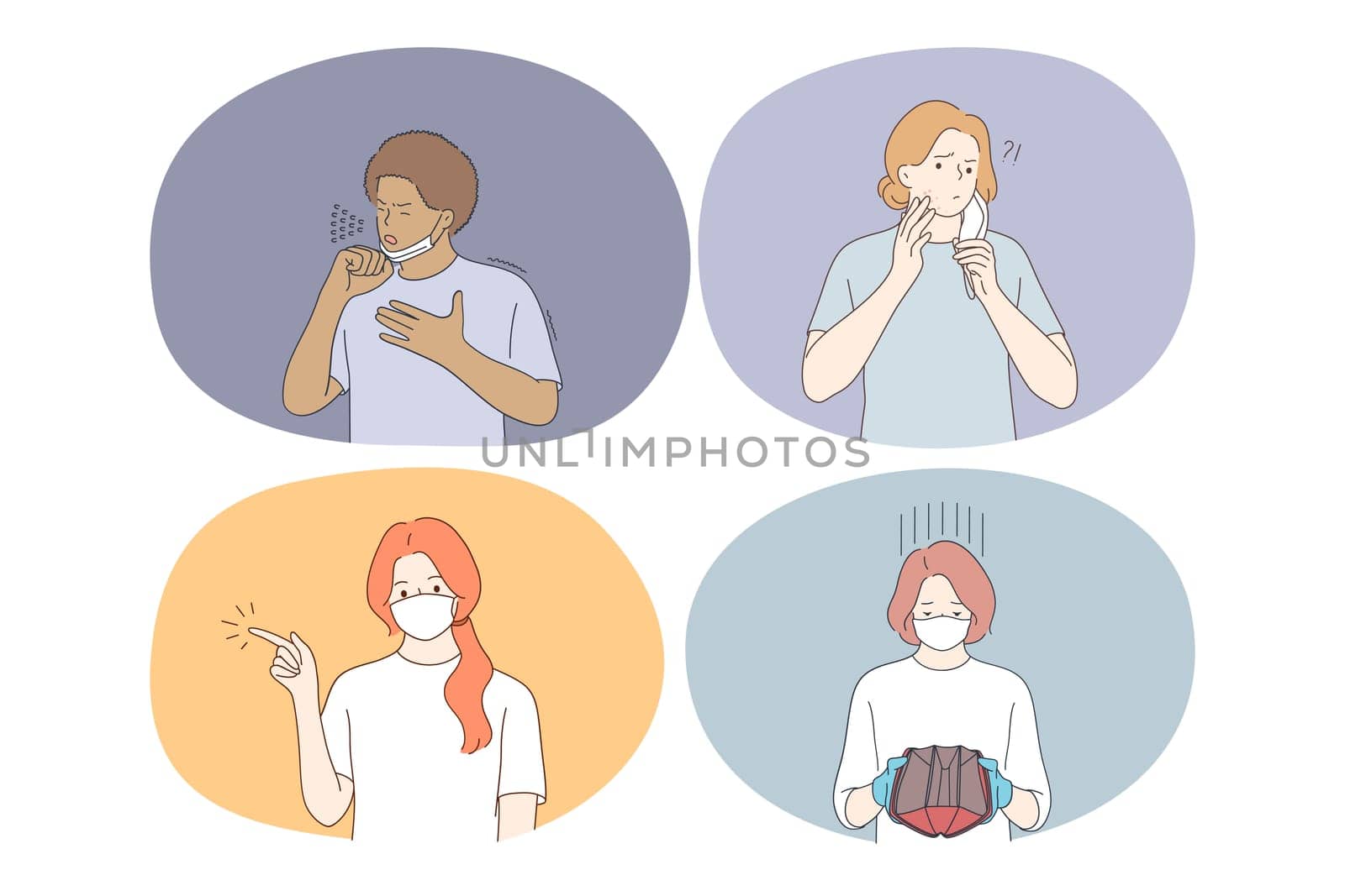Suffering from COVID-19 pandemic and individual protective face mask concept. Young people in face masks coughing, feeling allergy on skin, pointing aside and showing empty pocket during epidemic