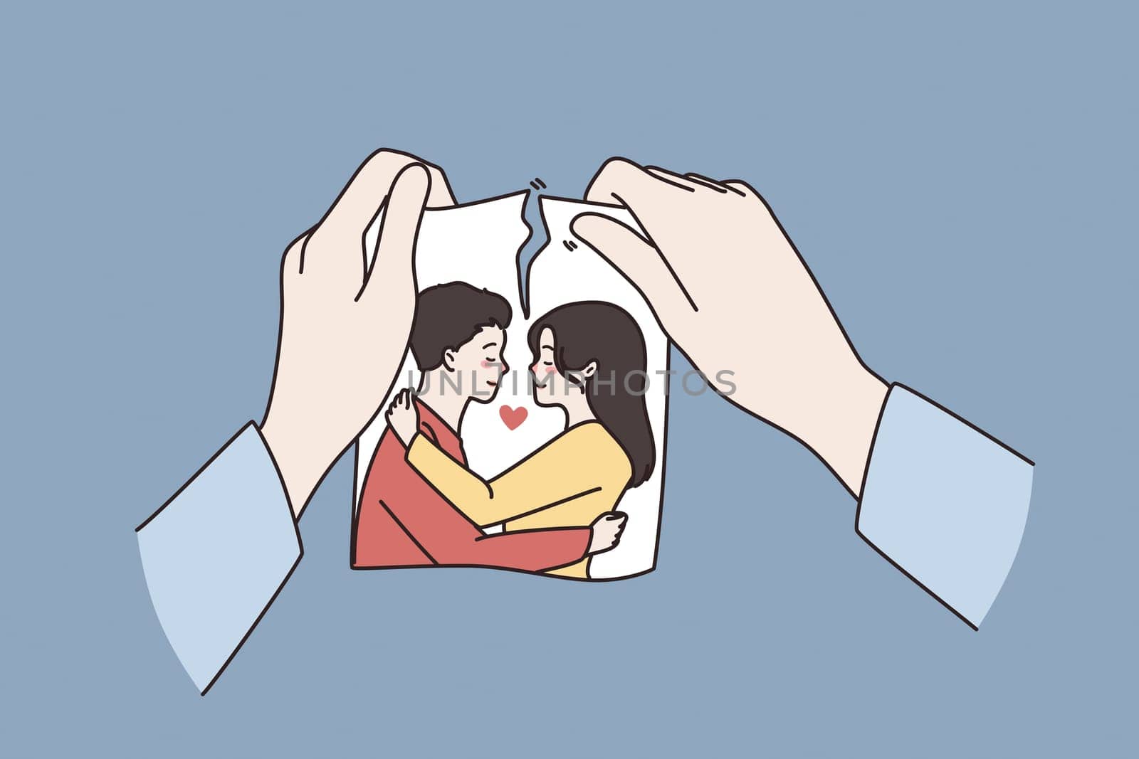 Relationship crisis, broke up concept. Human Hands holding torn photo of couple in love meaning separation or divorce over blue background vector illustration