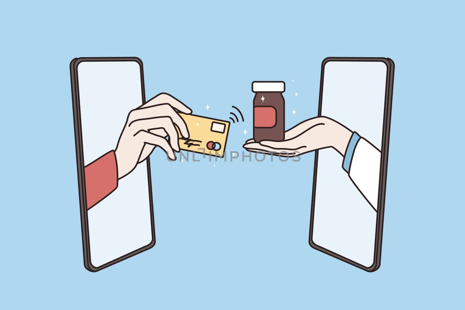 Online drugstore and pharmacy concept. Human Hand paying with credit card and taking drug from pharmacist hand online from smartphone screen vector illustration