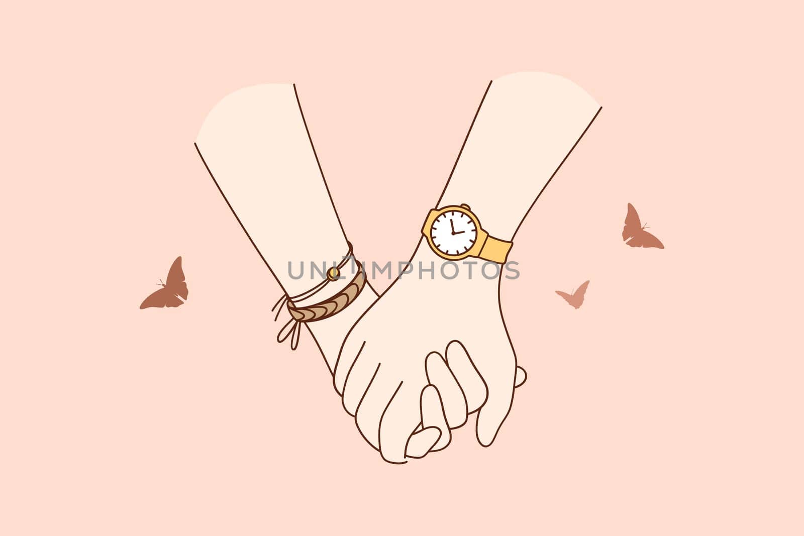 Holding hands, love, togetherness concept. Close-up of couples hands holding each other during walk feeling love and tenderness illustration