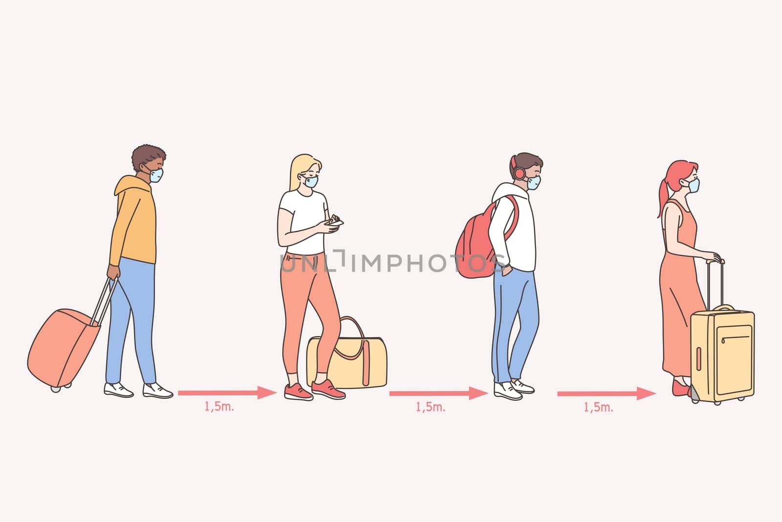 Travel during coronavirus COVID-19 disease outbreak and pandemic concept illustration . Passengers travellers wearing protective medical masks keeping distance in airport departure zone
