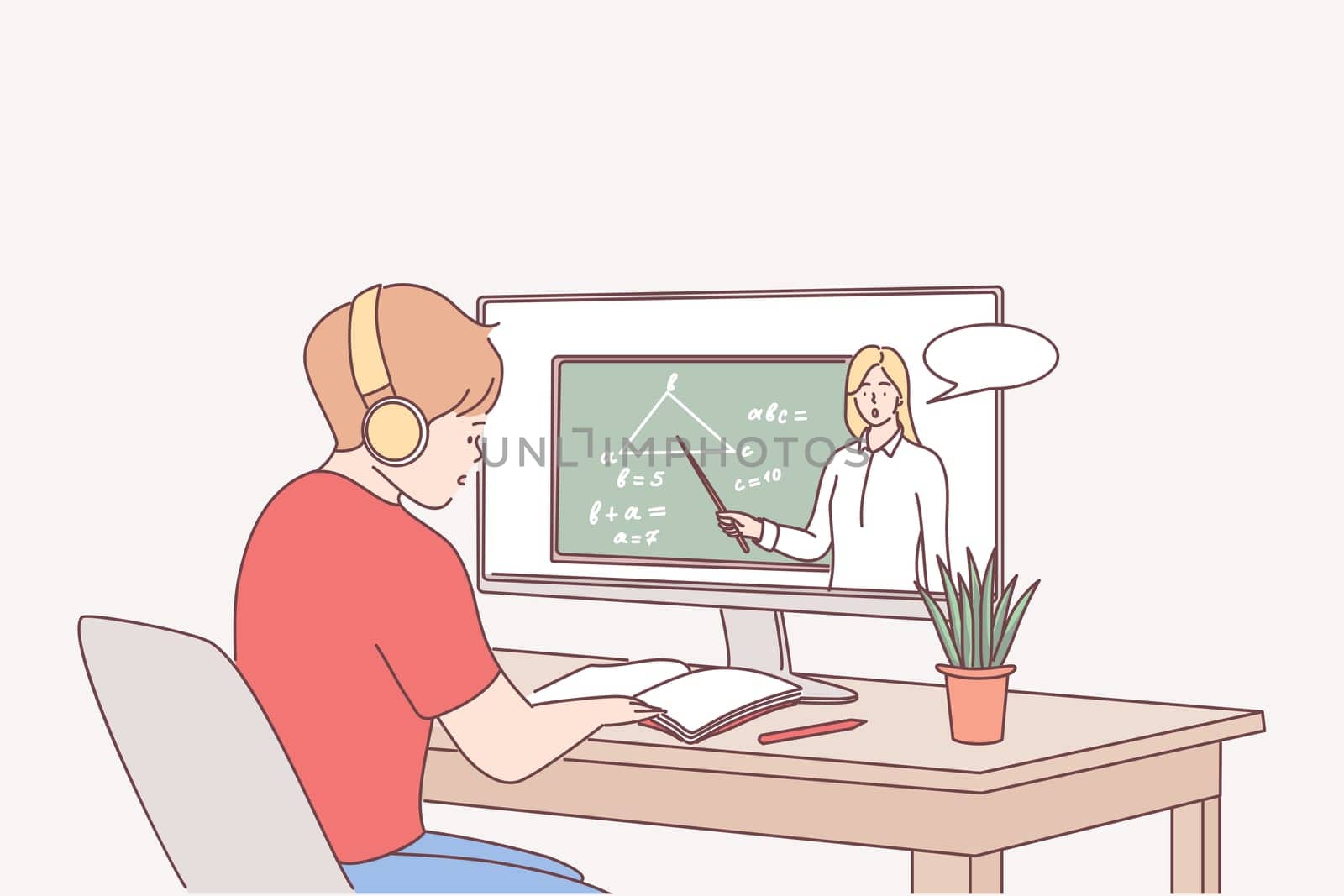Elearning, online education, distant studying concept. Boy student pupil in headphones having video conference and e-learning with teacher on computer in living room at home illustration