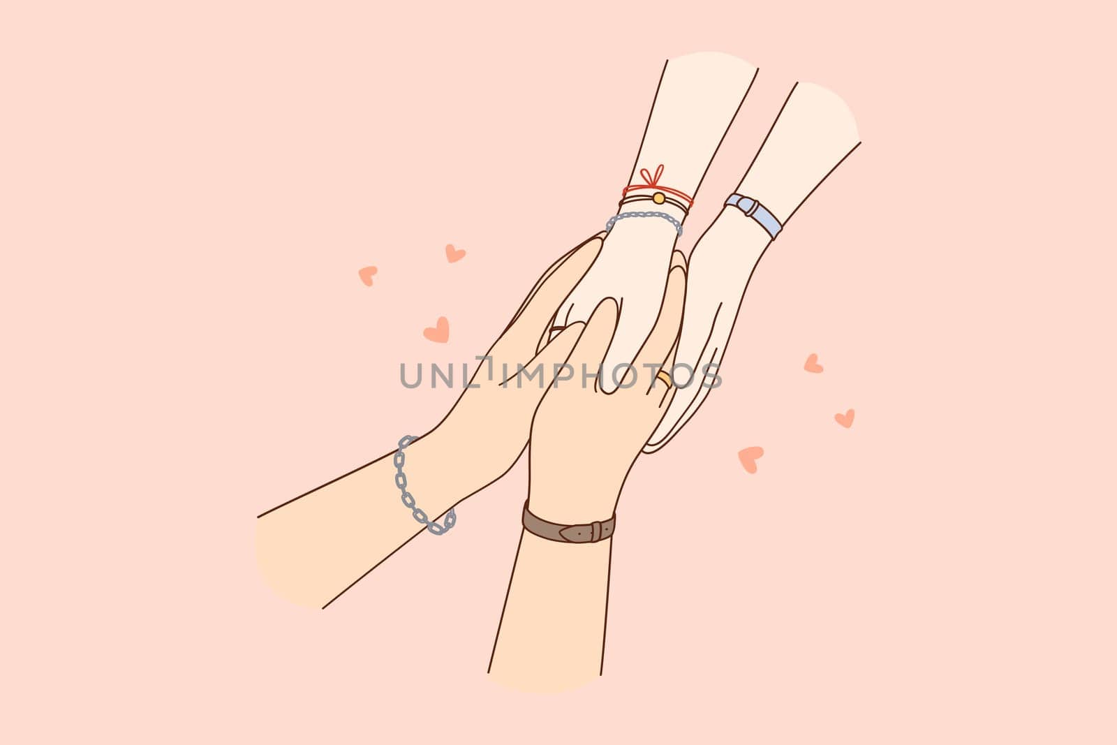 Togetherness, care, holding hands concept. Hands of loving caring people couple one in another meaning mutual love, tenderness and support illustration, close-up
