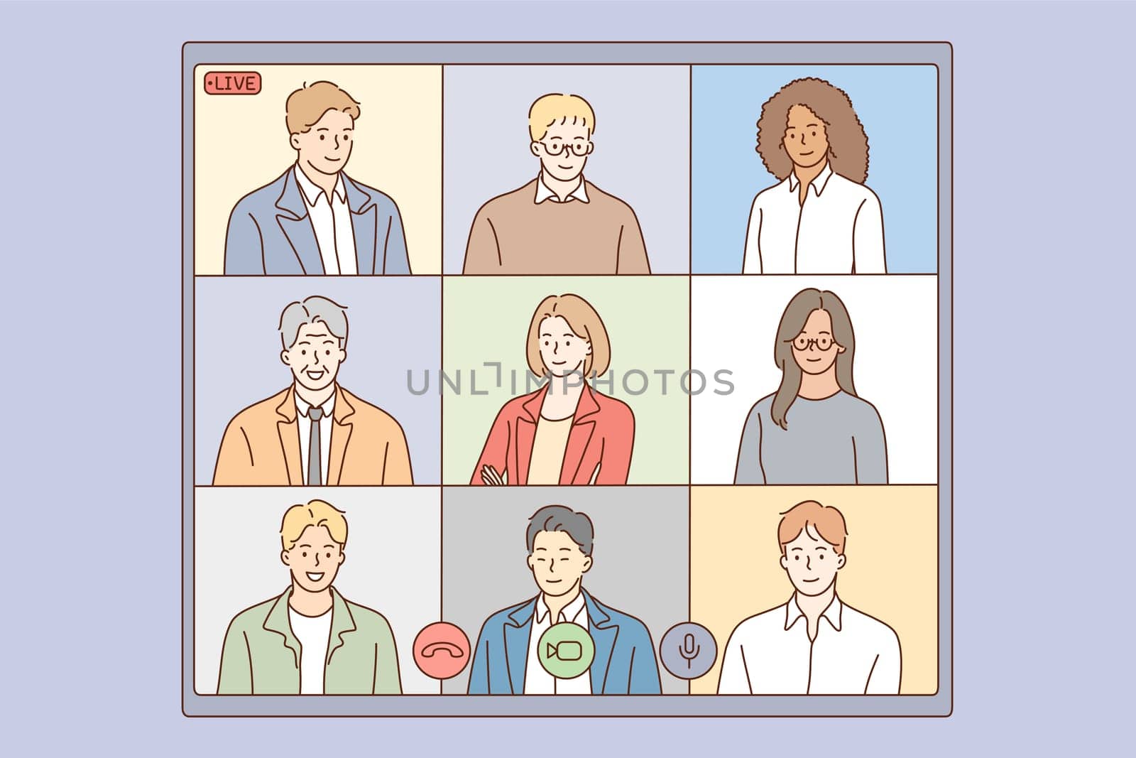 Online conference, live streaming of multiethnic group concept. Group of people business parters having distant online meeting conference on laptop screen during videocall together illustration