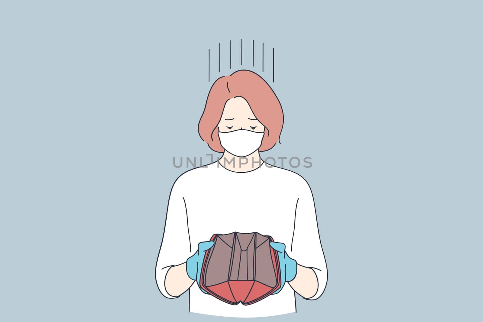 Coronavirus COVID-19 pandemic and world job economy crisis concept. Sad woman in protective latex gloves and medical face mask holding empty wallet and showing lack of money during outbreak