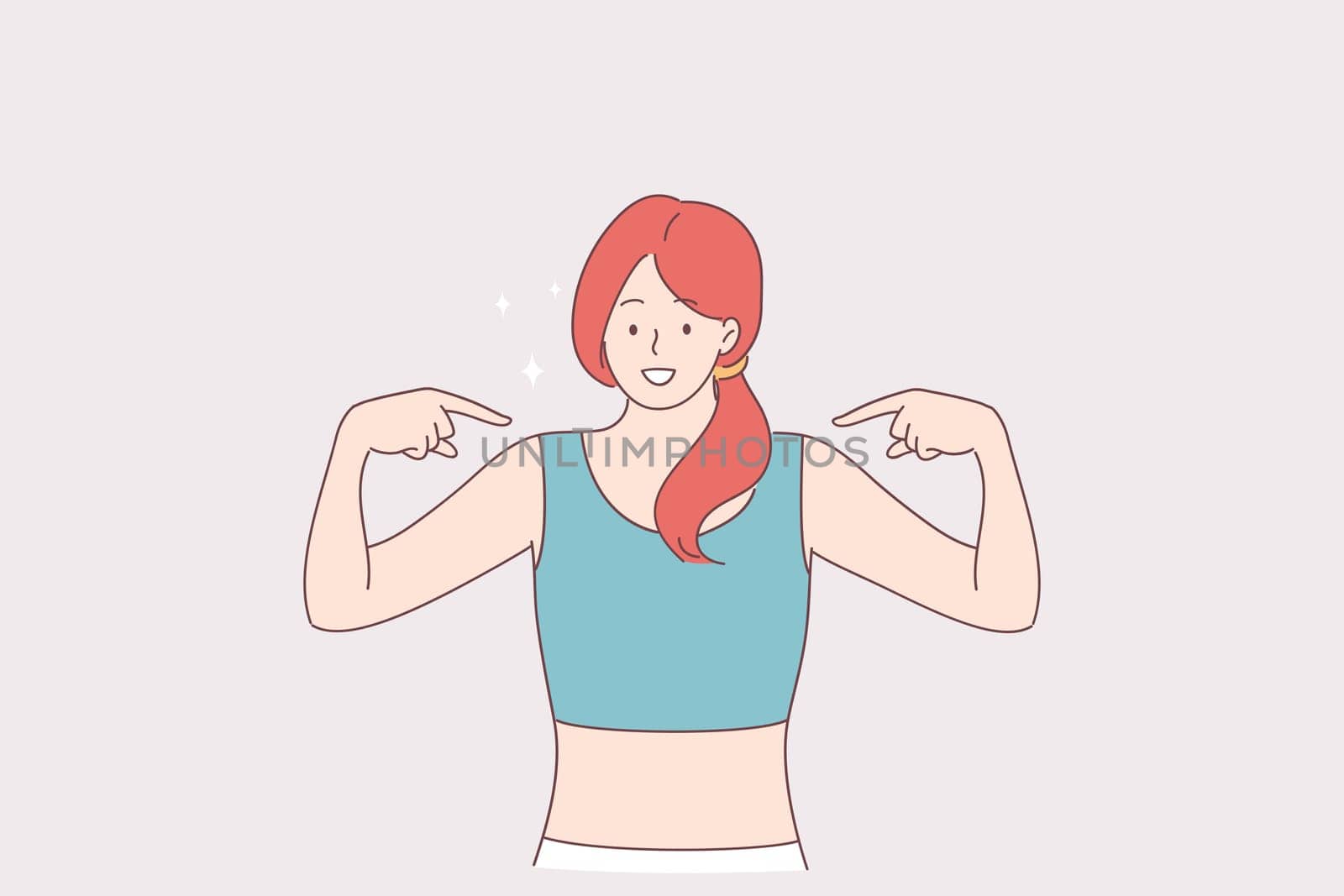 Fitness, sport healthy lifestyle and shape concept. Young smiling beautiful sporty woman cartoon character wearing sportswear looking confident pointing on herself with fingers feeling proud happy