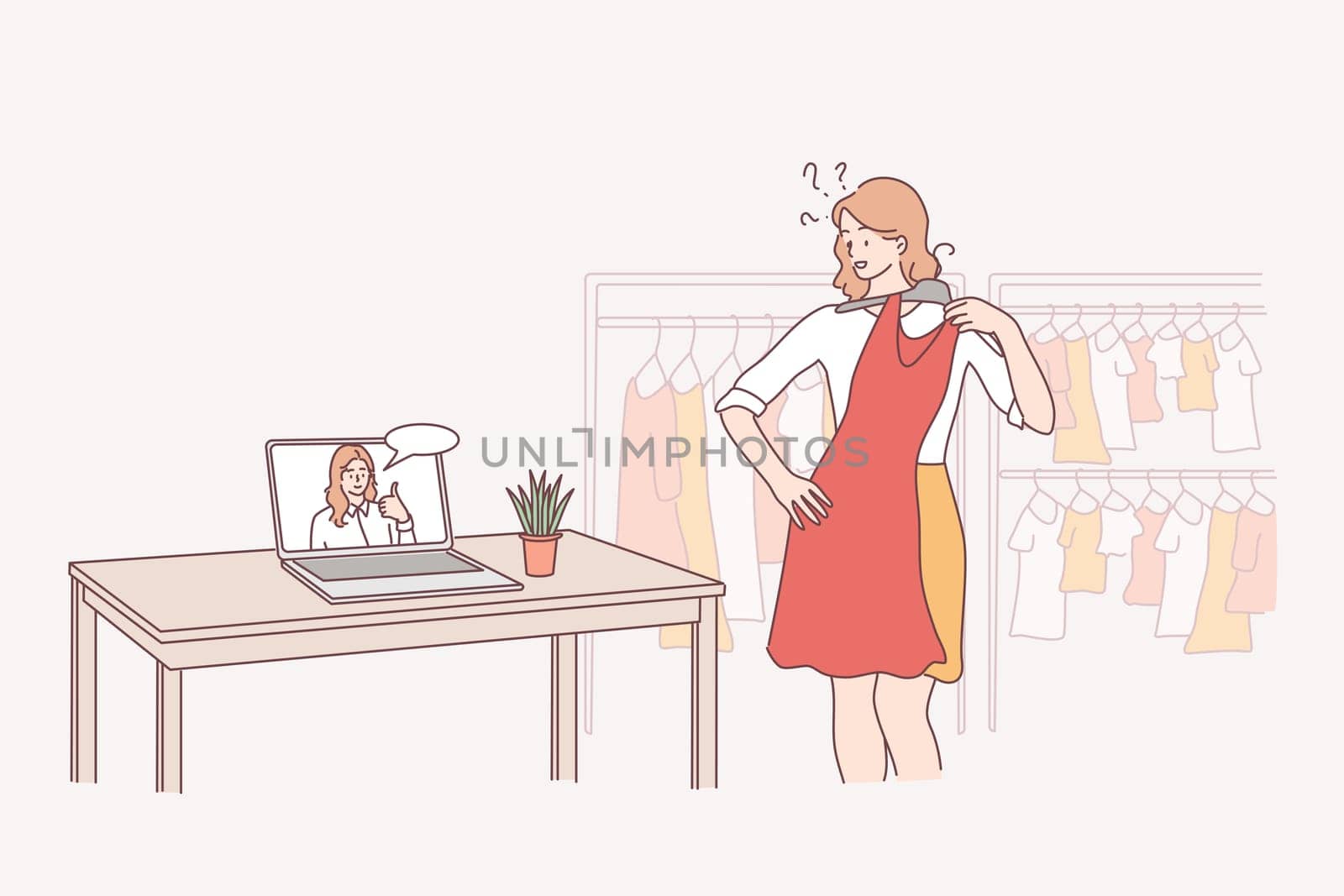 Online stylist, fashion consultation, choosing best apparel concept. Woman personal stylist consulting client online and demonstrating clothes to customer on laptop from studio illustration