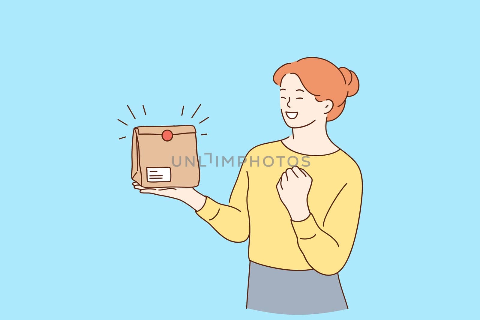 Positive emotions from delivery concept. Young smiling woman cartoon character holding takeaway paper bag parcel delivered to home and feeling happy celebrating victory and success vector illustration