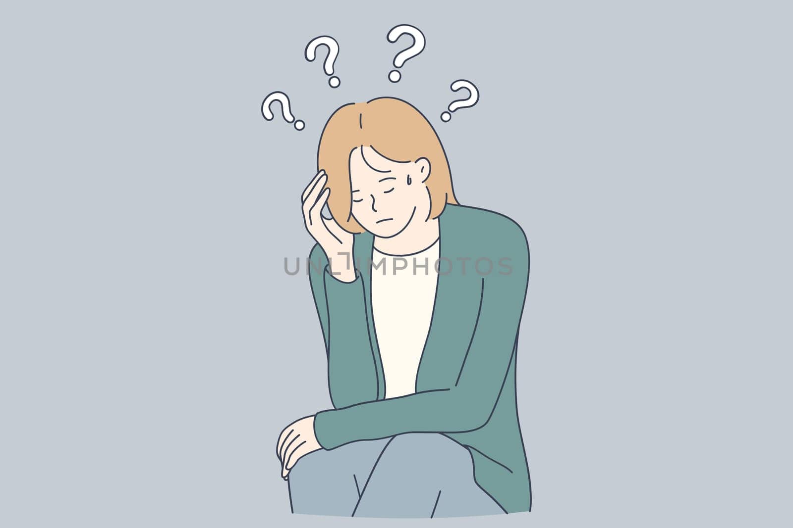 Sadness, mental depression, doubt concept. Young unhappy woman sitting touching head and feeling depressed with thoughts after negative events or having doubts about future