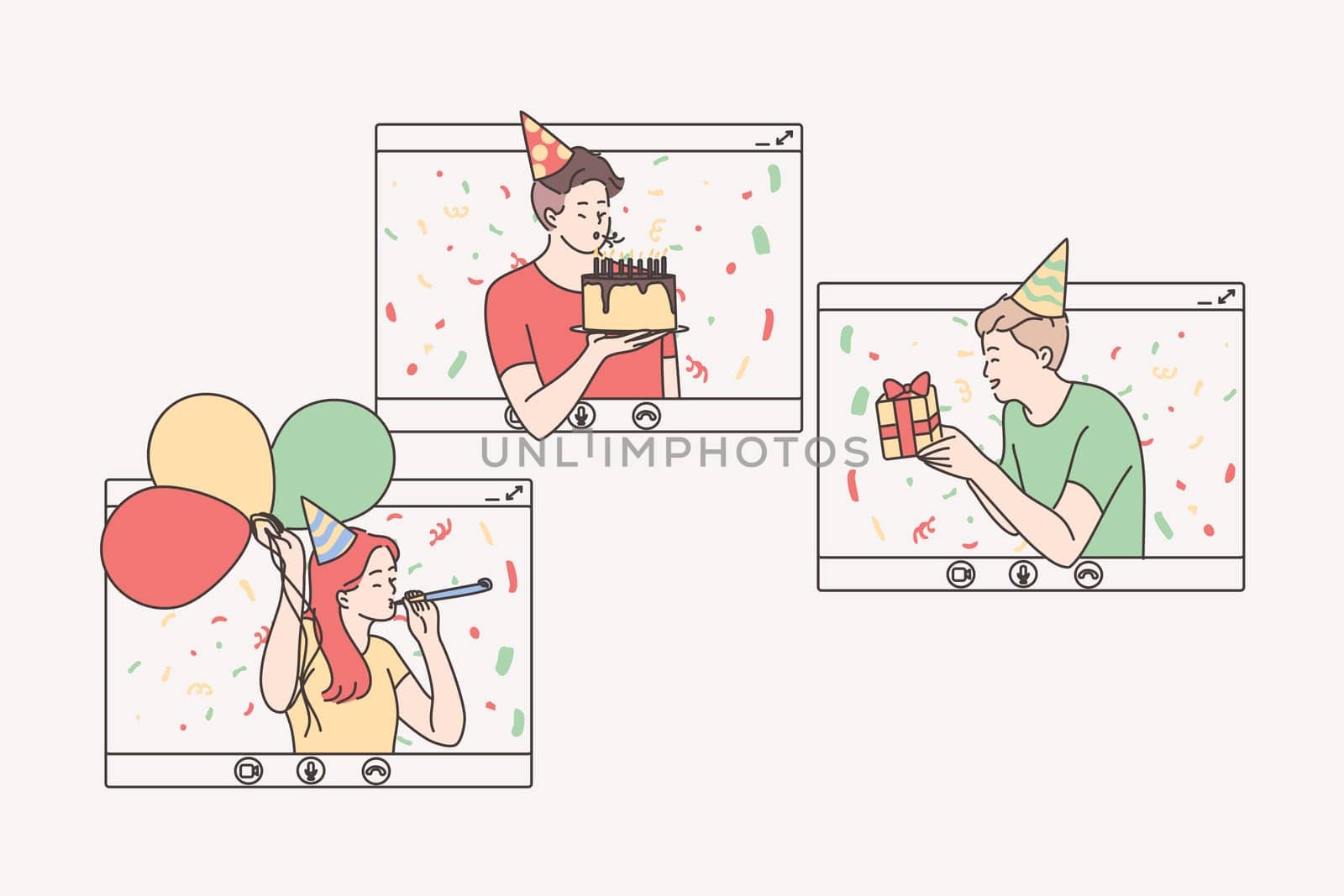 Online party, birthday, virtual meeting with friends concept. People staying and celebrating birthday or holiday through computer windows remotely. Video call during self isolation illustration