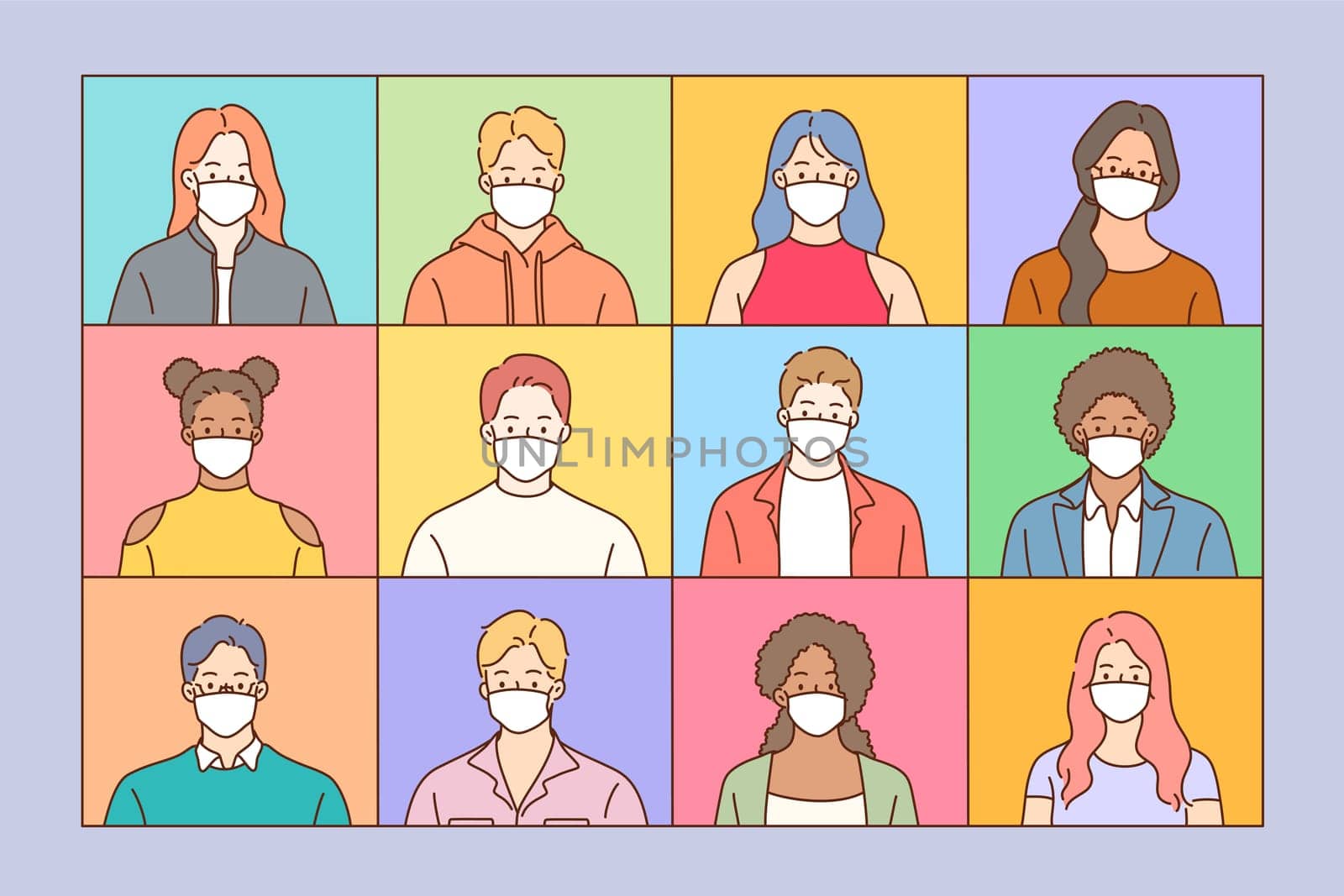 Wearing medical protective masks against virus concept. Group of people different ages and ethnicity wearing medical disposable and fabric breathing protective medical masks outdoors illustration