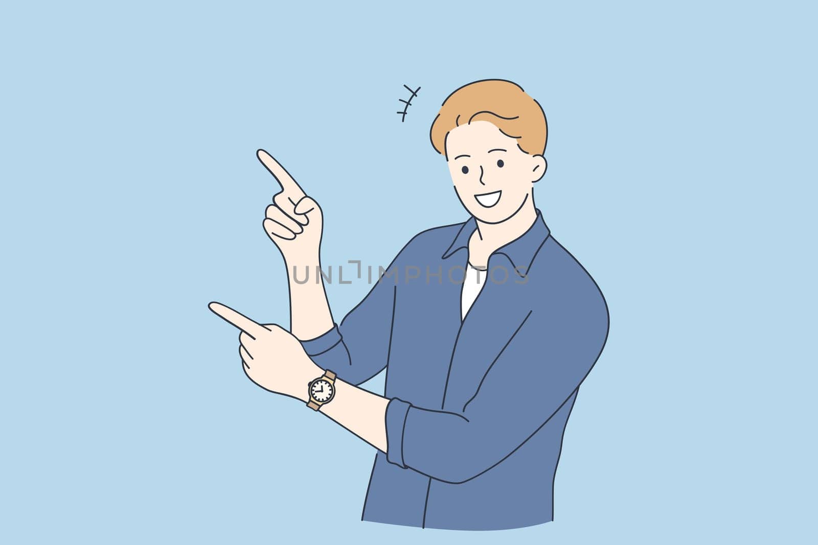 Positive emotions and gesturing concept. Young smiling man cartoon character wearing denim shirt standing looking at camera and pointing with two hands and fingers to side vector illustration