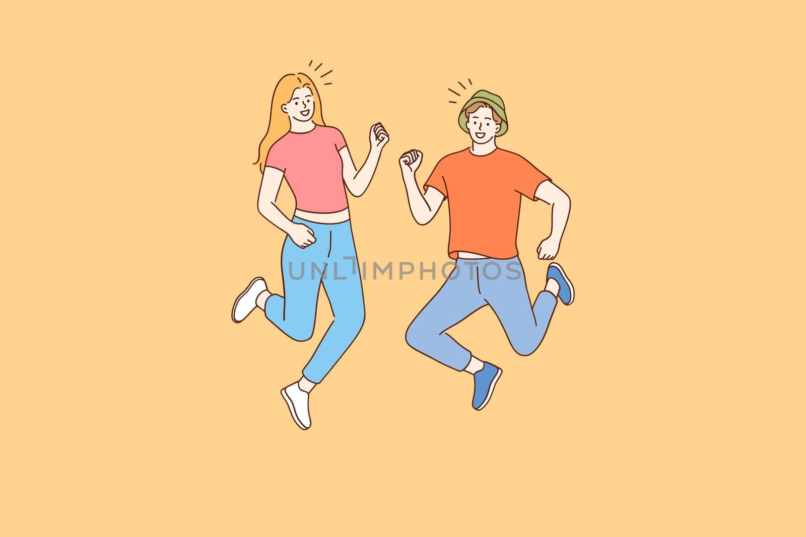 Jumping teens, happiness, having fun concept. Happy boy and girl brother sister or friends jumping together and having fun. Summertime fun leisure activity at weekend holiday illustration