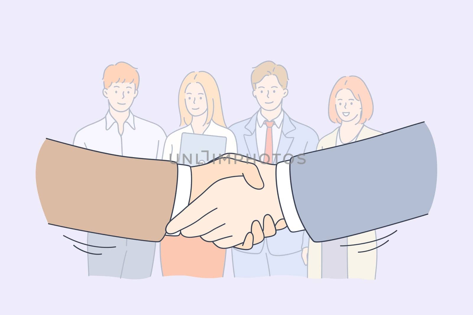 Handshake, partnership, business cooperation concept. Group of smiling young business workers colleagues standing and looking at shaking hands of head managers meaning collaboration in office