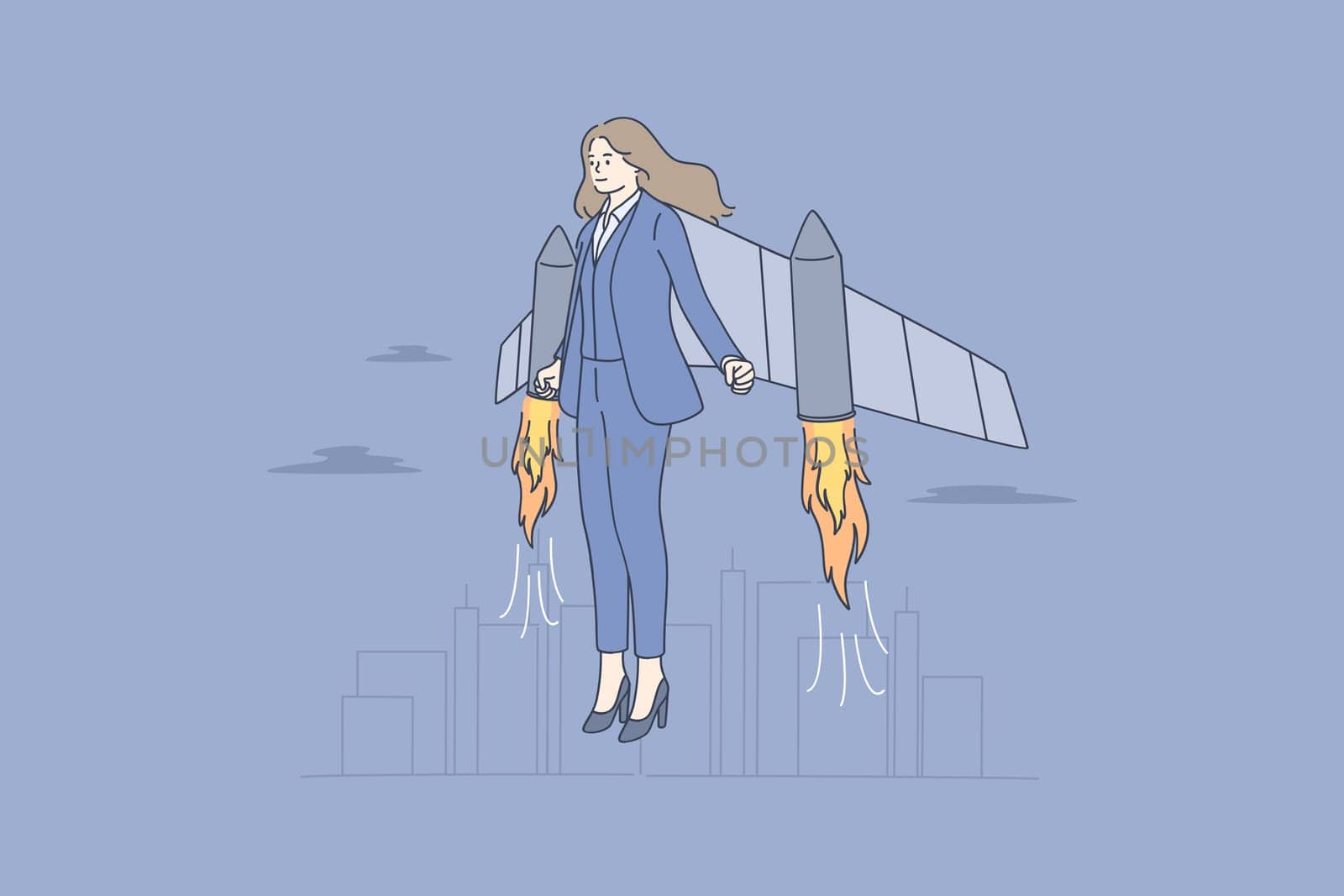 Businesswoman, successful career, launching project concept. Businesswoman cartoon character with jetpack feeling ready to start meaning successful ideas project and business launching