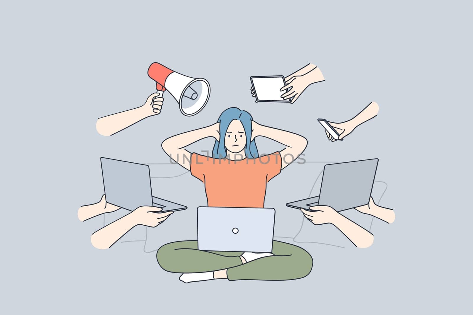 Multitasking, stress, business efficiency concept. Young frustrated stressed woman sitting with laptop covering ears with hands workaholic feeling too tired of many tasks for work