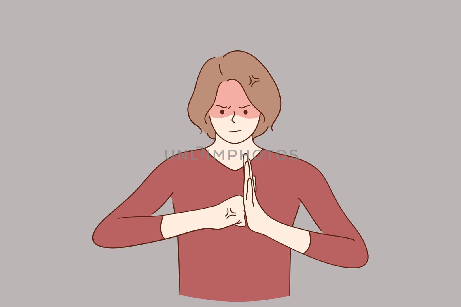 Aggression, negative emotions and lifestyle concept. Young angry woman cartoon character standing and showing fists forming wall like fighting at camera vector illustration