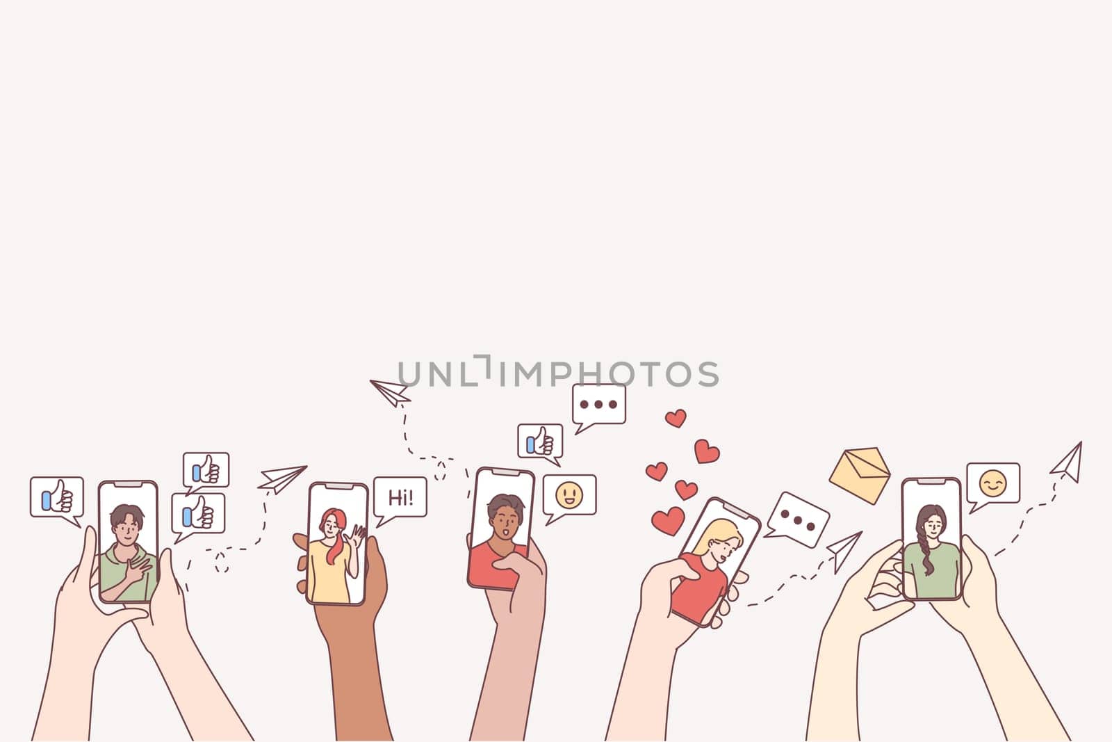 Online communication, dating, using smartphone concept. Set of people hands holding smartphones with various applications and images for chatting and sending emails vector illustration