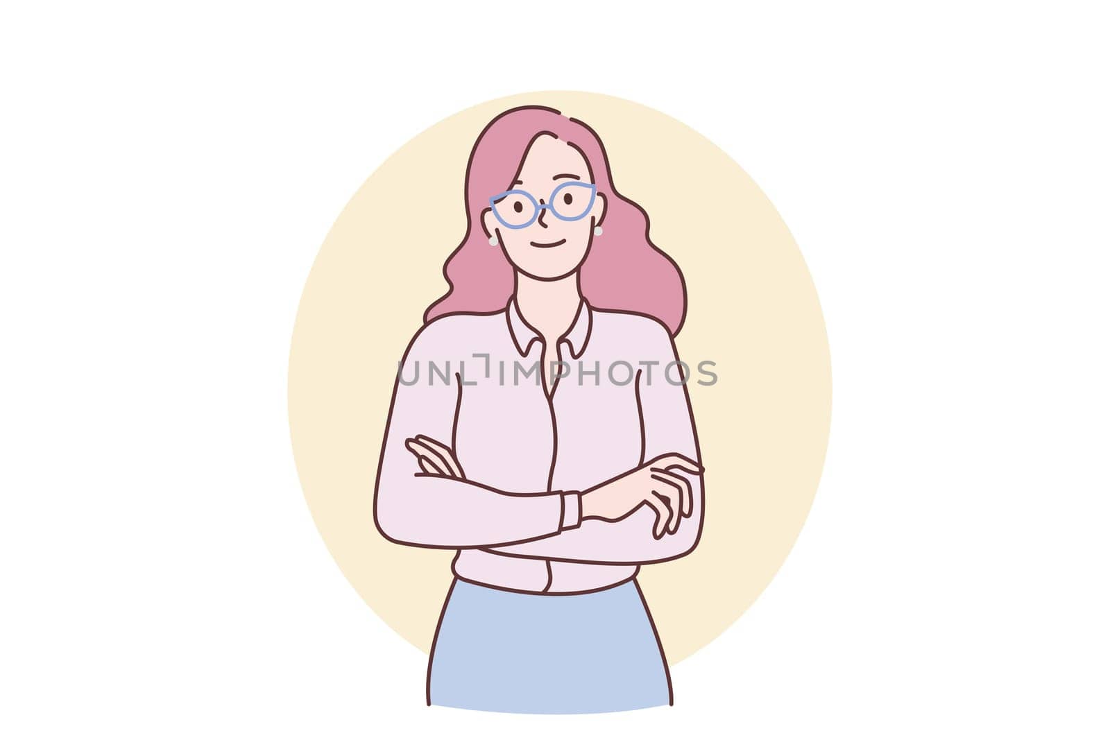 Wearing glasses and image concept. Young smiling positive girl cartoon character standing wearing glasses looking at camera with hands crossed vector illustration