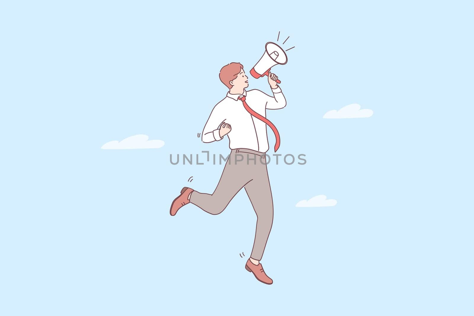 Promotion, announcement, attention concept. Young positive businessman cartoon character standing and making announcement with speaker megaphone for attention vector illustration