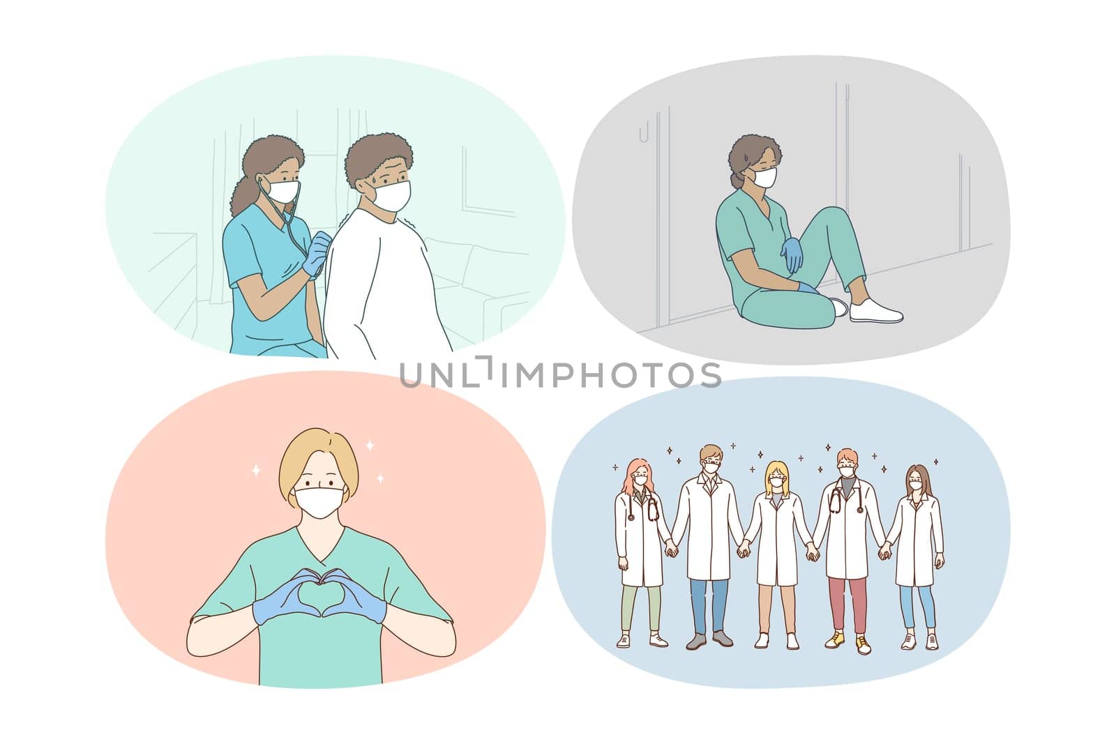 Doctors teamwork, uniting efforts against COVID-19 pandemic concept. People doctors in protective medical face masks holding hands in team, helping patients and feeling burnout during pandemic