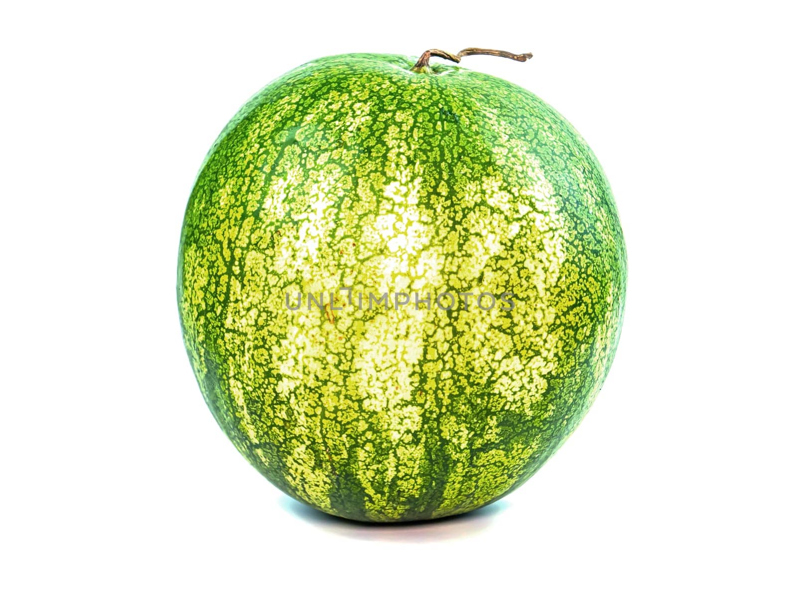 Green striped watermelon on a white background. Watermelon berry. Food photo. Sweet food. Harvesting. Vegetarian food. Background image. Place for your text.