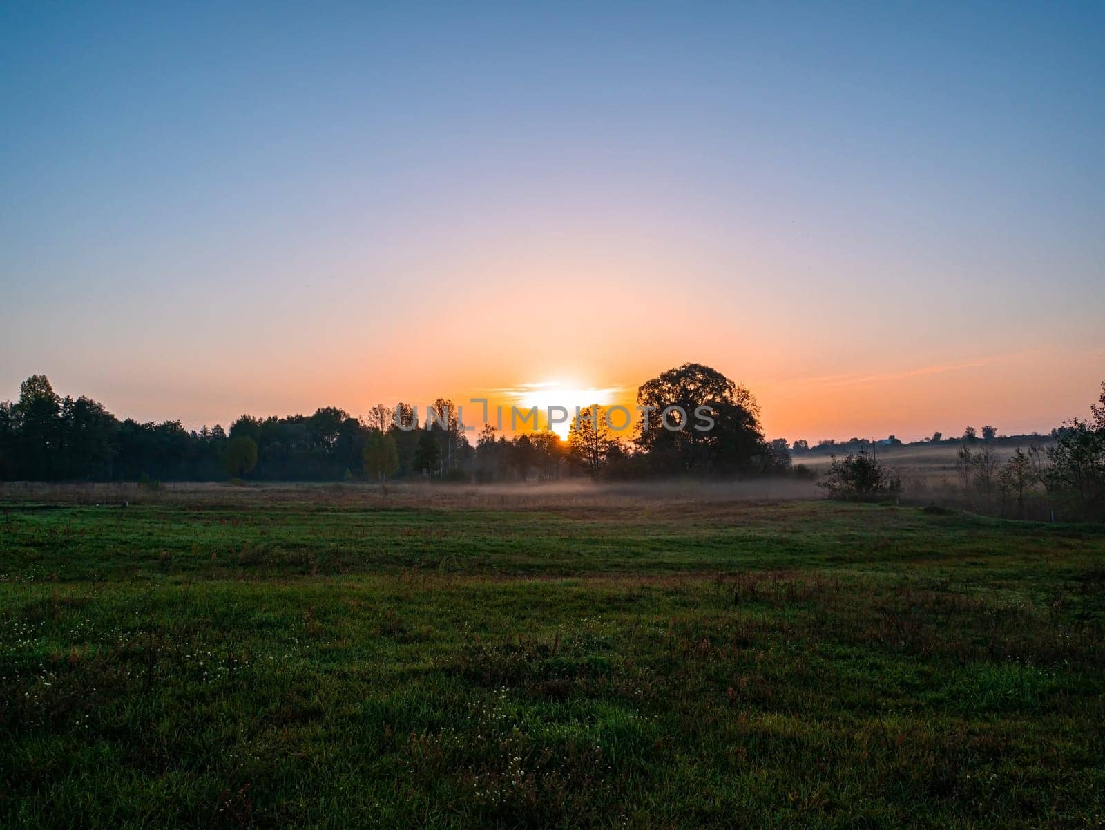 Orange sunrise over a meadow in fog. Orange sunny sunset over the horizon. Trees on the horizon. Morning fog over the meadow. The morning dawn of the rising sun. Evening dawn of the sunset.