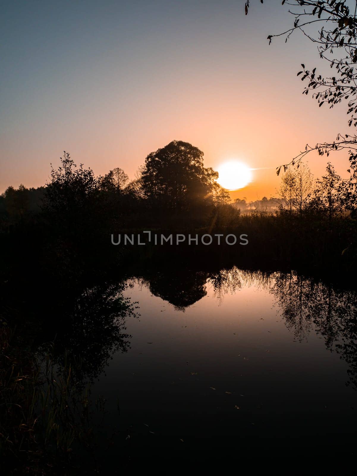 The water surface of the river and the sunrise. Dawn of the morning sunrise. Orange sunny sunset. Evening dawn. The water surface of the river. River reeds. Fishing. Horizon. Fog. Fishing place.