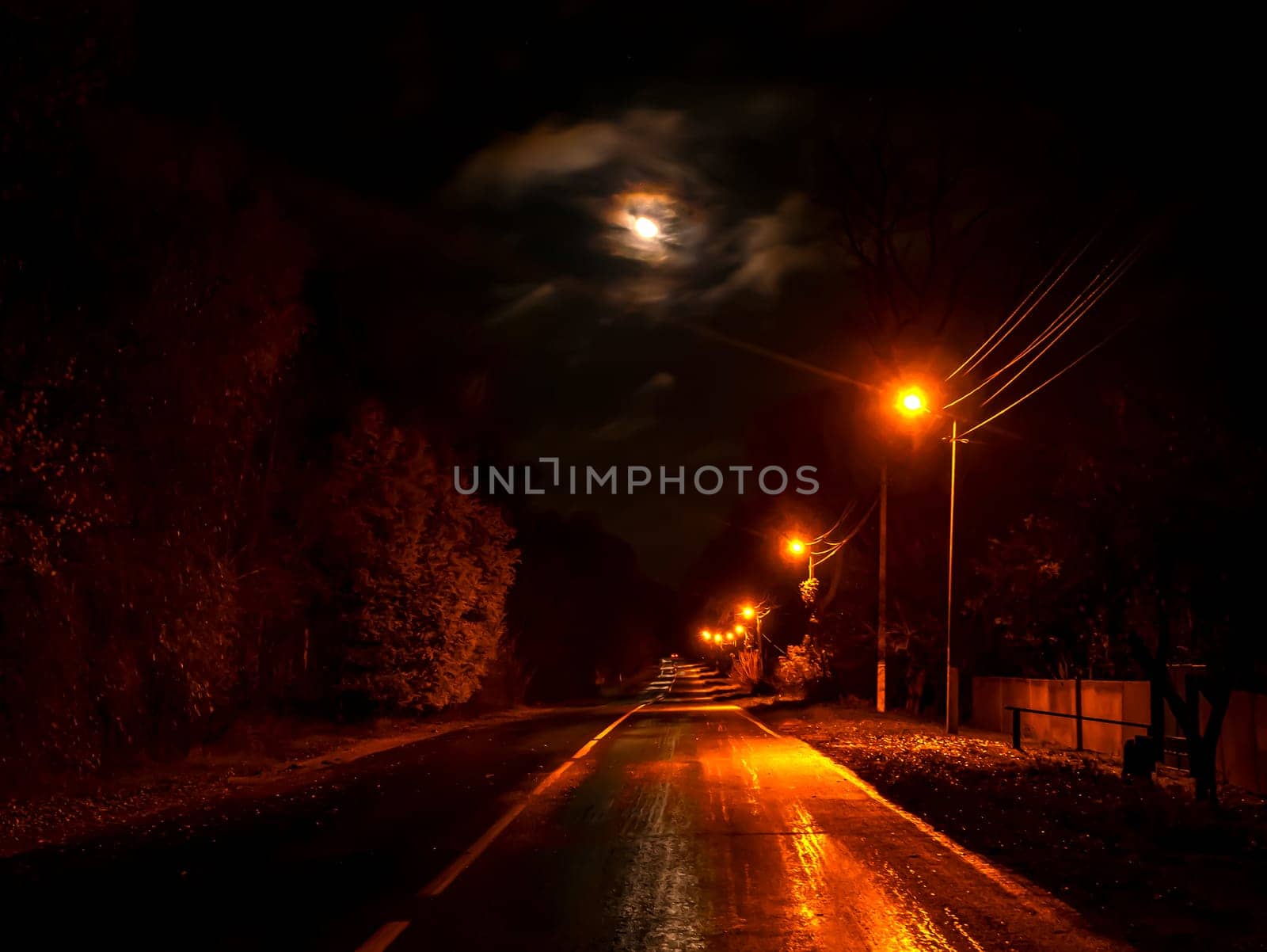 The night country road is illuminated by electric lamps. Road markings. Highway lighting. Roadside lighting poles. Moon in the night sky. Movement of vehicles at night. Route without transport.