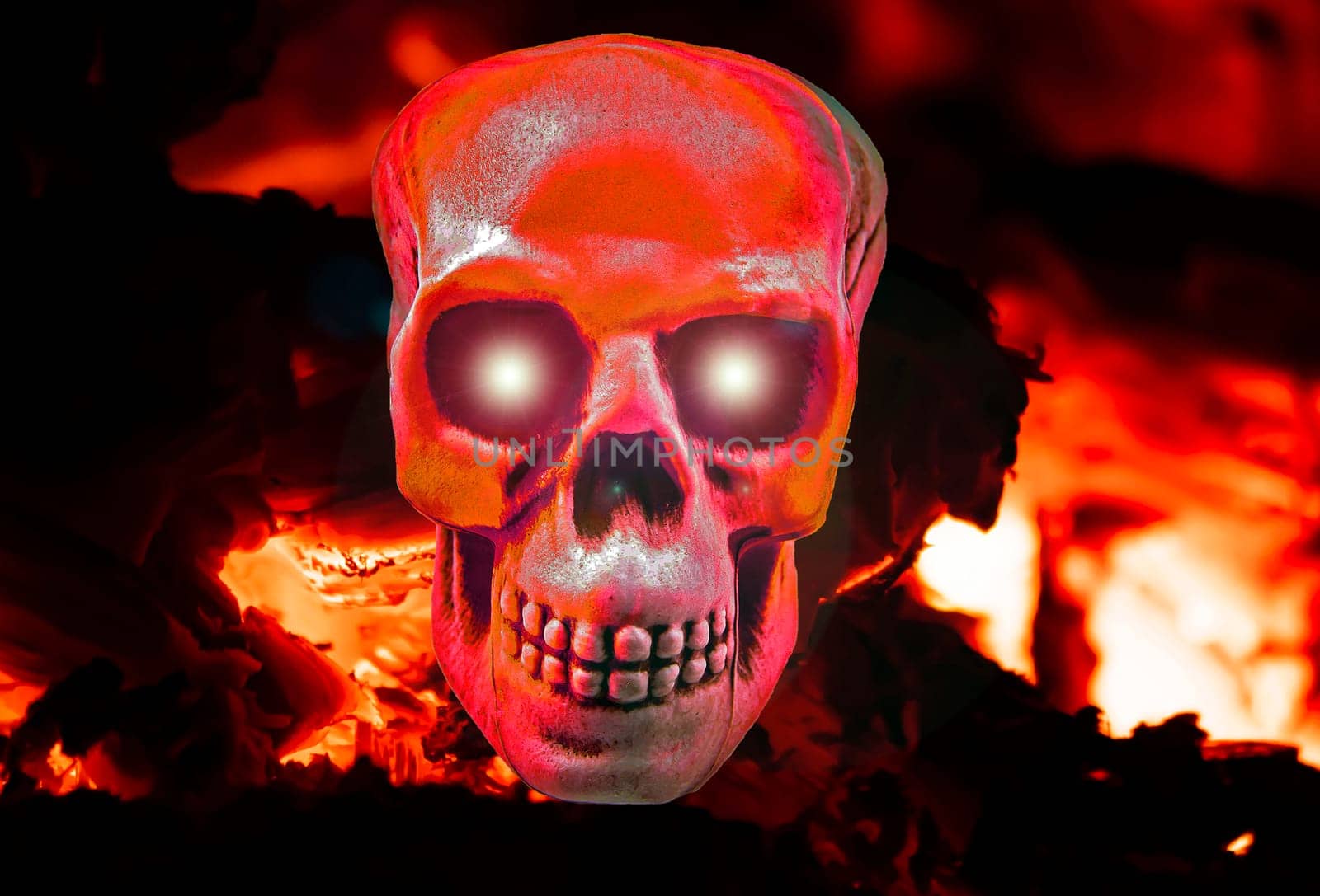 Human skull in the blazing fire of hell. Halloween holiday. All Saints' Day. Glittering eyes. Background image. Template with place for text. Background image. Poster. Magazine cover. Halloween party.