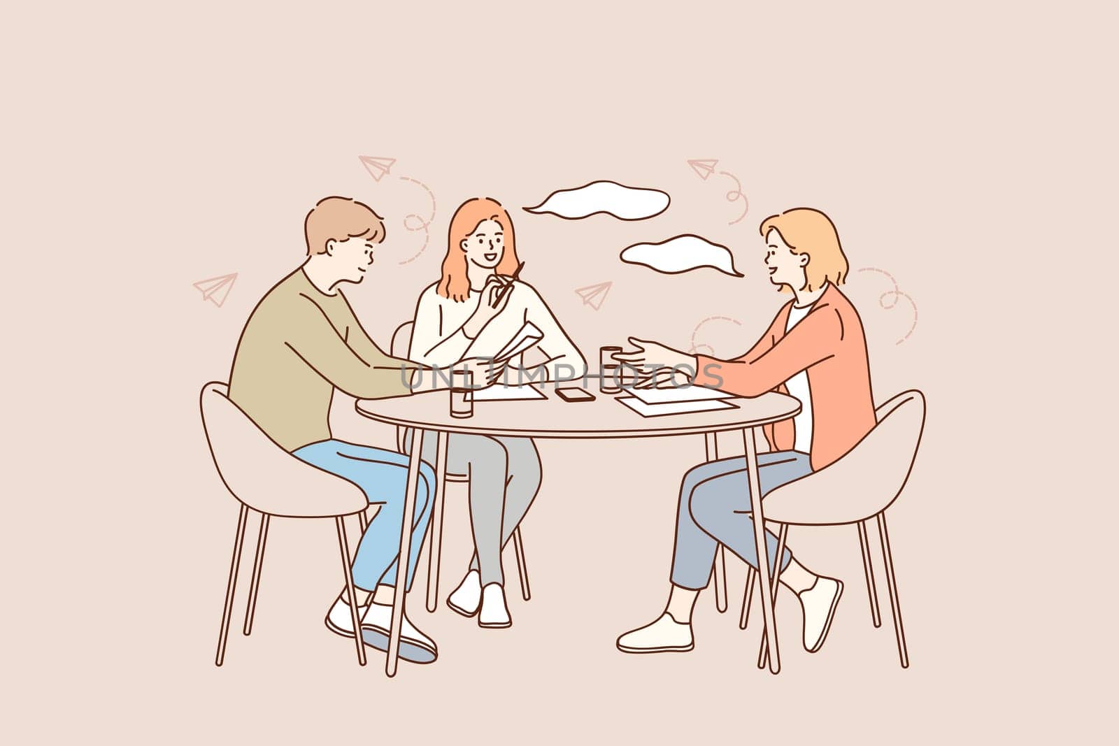 Brainstorming, teamwork, business group concept. Group of young positive business workers sitting at desk, working together reading documents and discussing ideas i office