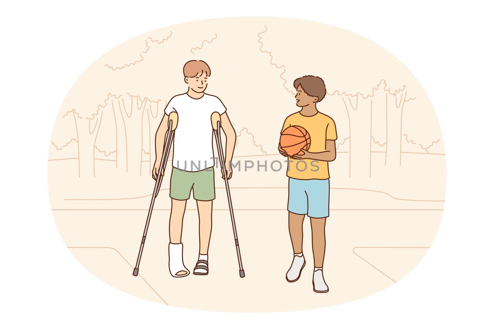Injuries and broken leg concept. Young smiling boys friends one with broken leg and sticks for walking enjoying time together outdoors in park in summer vector illustration