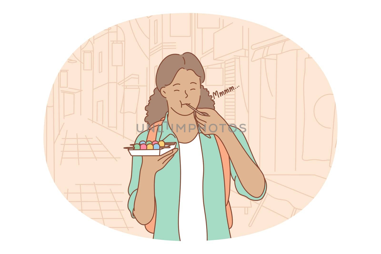 Unhealthy eating, fast and junk food, calories concept. Young black girl cartoon character standing outdoors and eating fast food sugar fat sweets. Overweight, snack, lifestyle, harmful eating