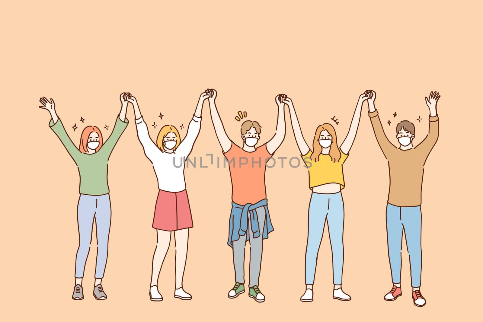 Friendship and having fun during COVID-19 pandemic concept. Group of young positive friends in protective medical face masks standing and holding raised hands in team during pandemic illustration