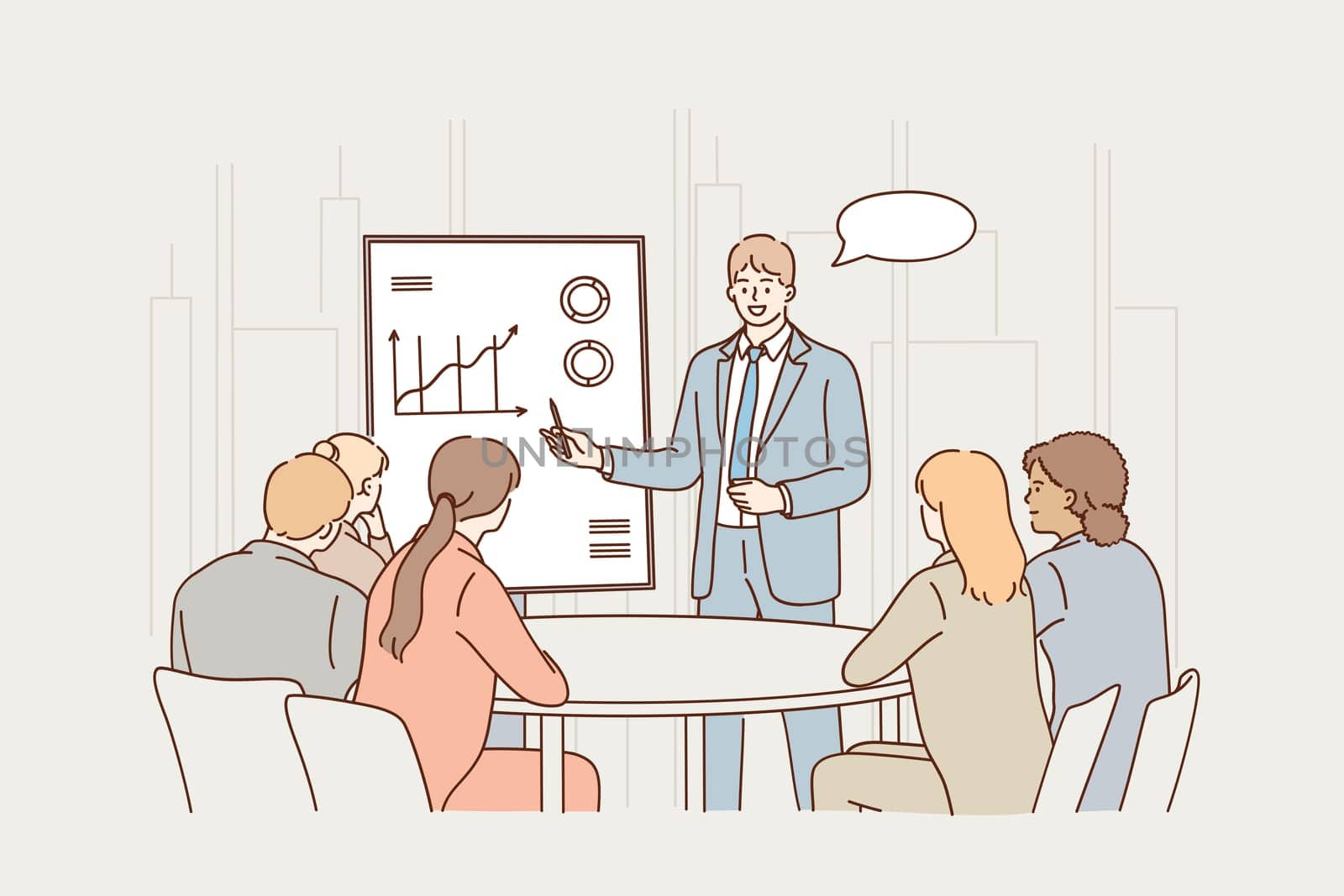 Business meeting, presentation, coaching concept. Group of young business workers partners sitting in office and listening to businessman colleague presentation on marketing data development