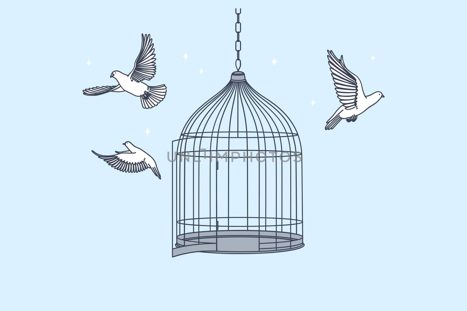 New opportunities, freedom, mental development concept. Open cage with flying from inside doves birds meaning getting freedom of mind and body illustration